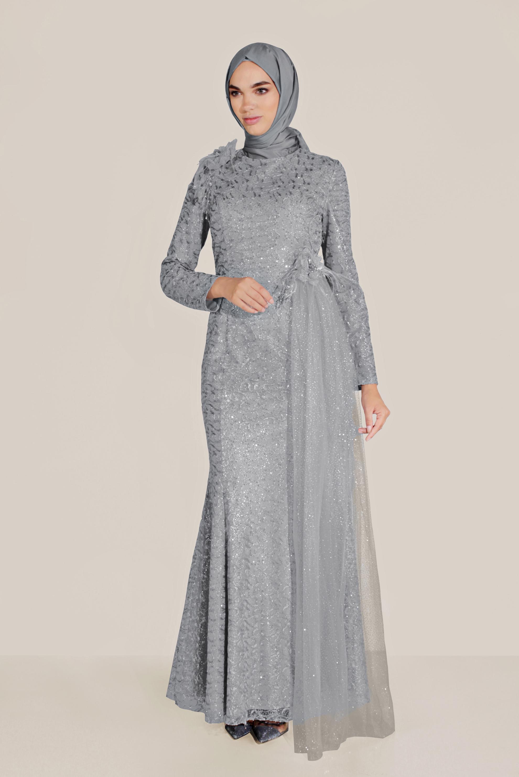 Tesettür giyim GRİ SİMLİ TÜLLÜ BALIK ABİYE ELBİSE  50023