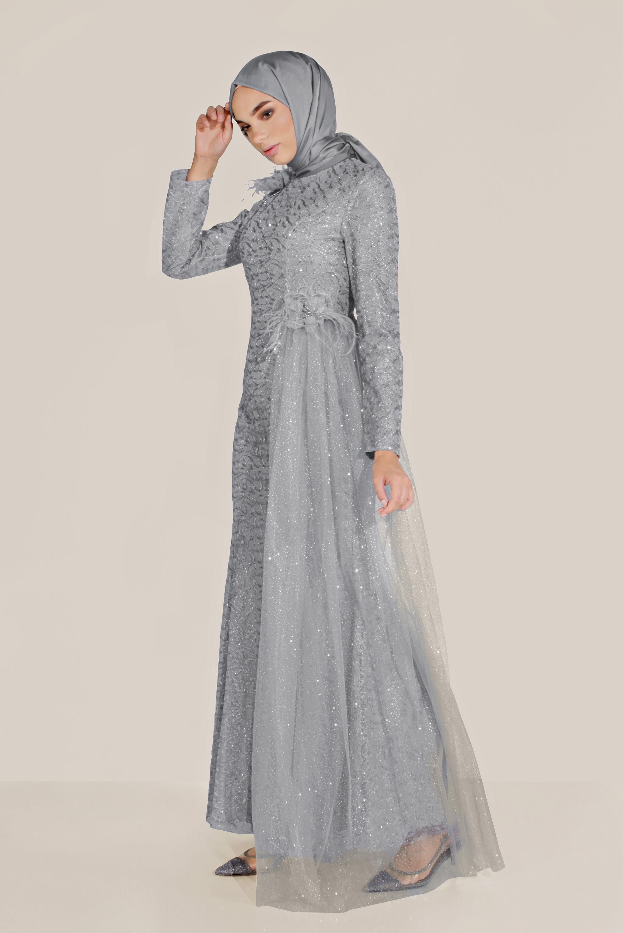 Tesettür giyim GRİ SİMLİ TÜLLÜ BALIK ABİYE ELBİSE  50023
