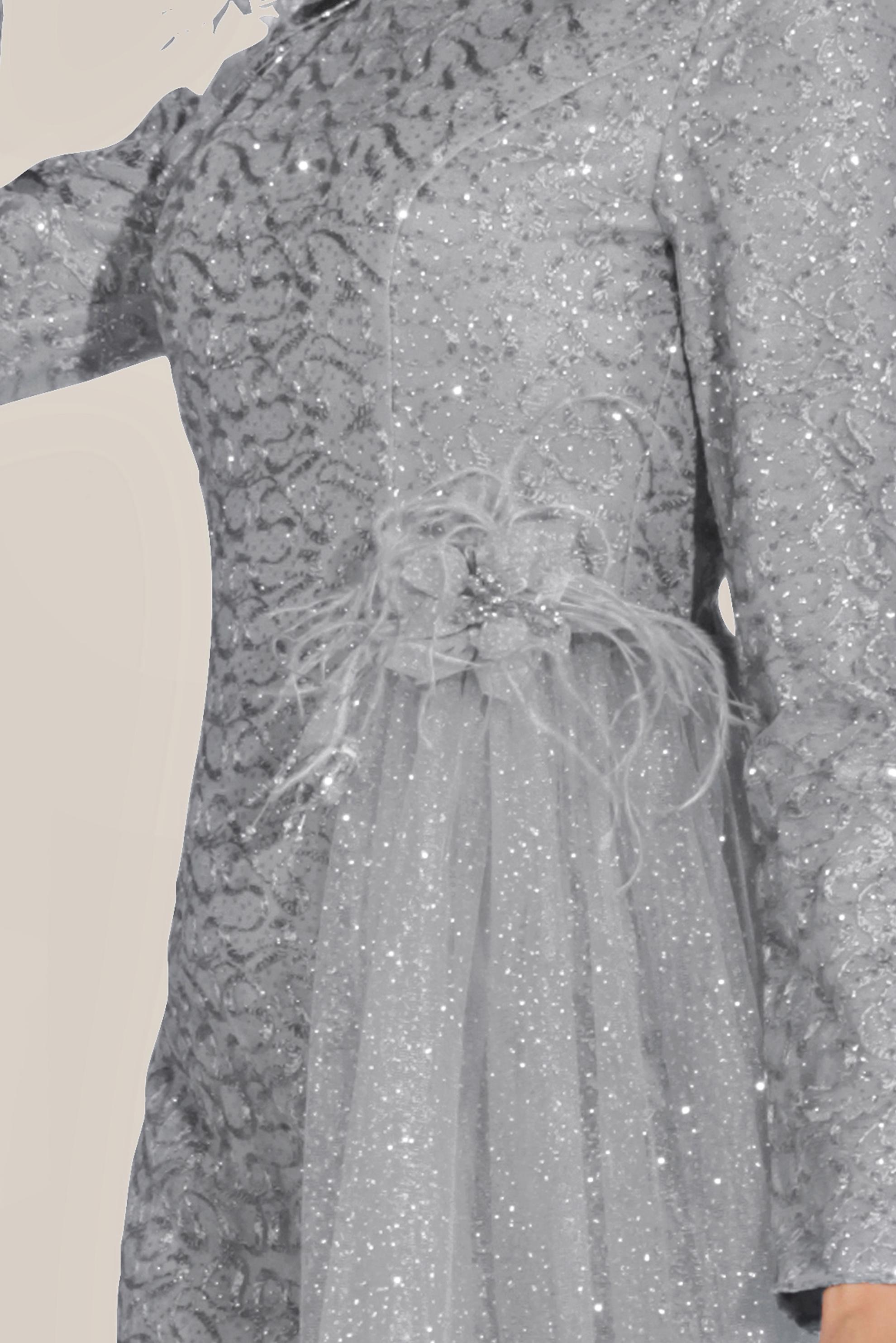 Tesettür giyim GRİ SİMLİ TÜLLÜ BALIK ABİYE ELBİSE  50023