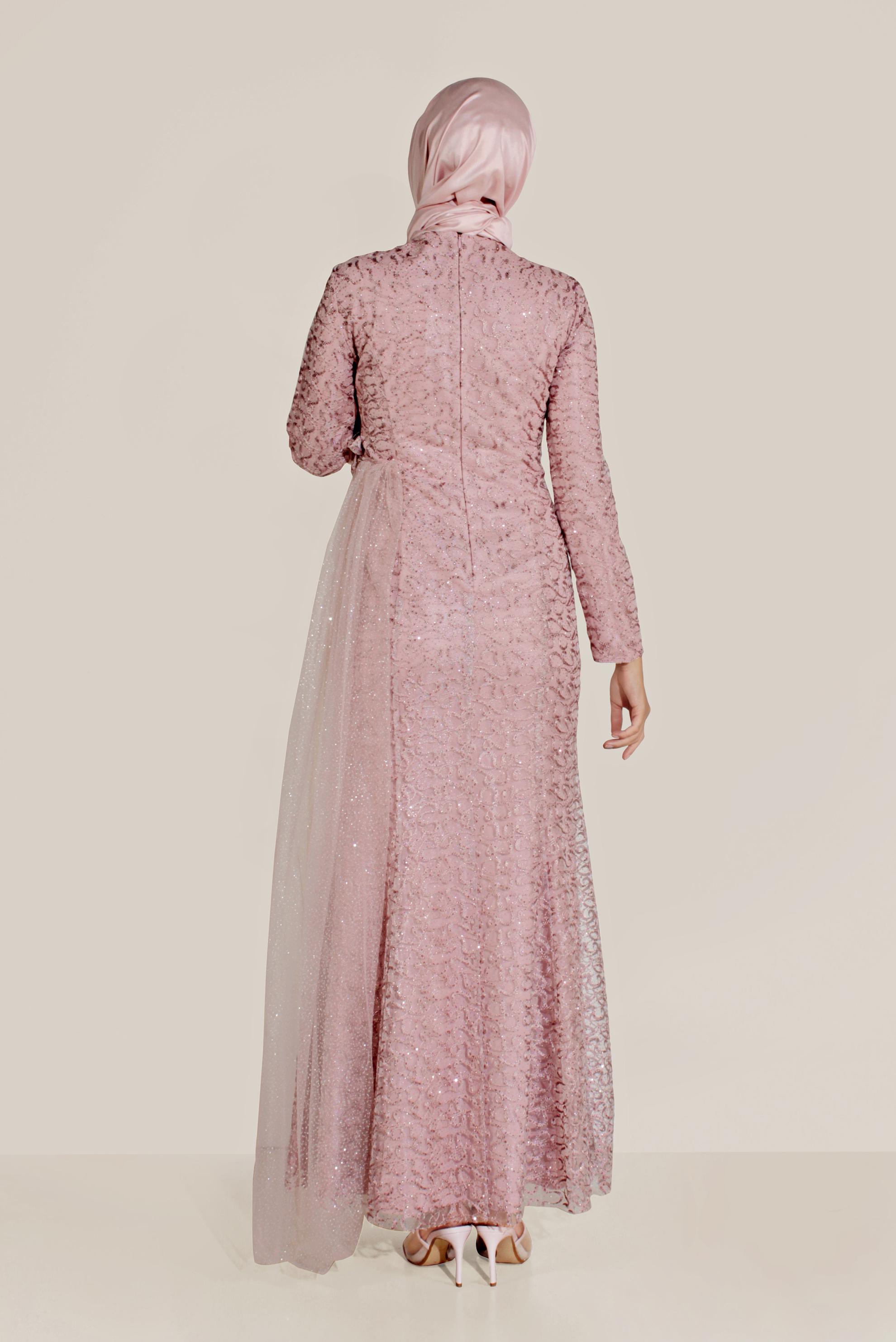 Tesettür giyim PUDRA SİMLİ TÜLLÜ BALIK ABİYE ELBİSE  50023