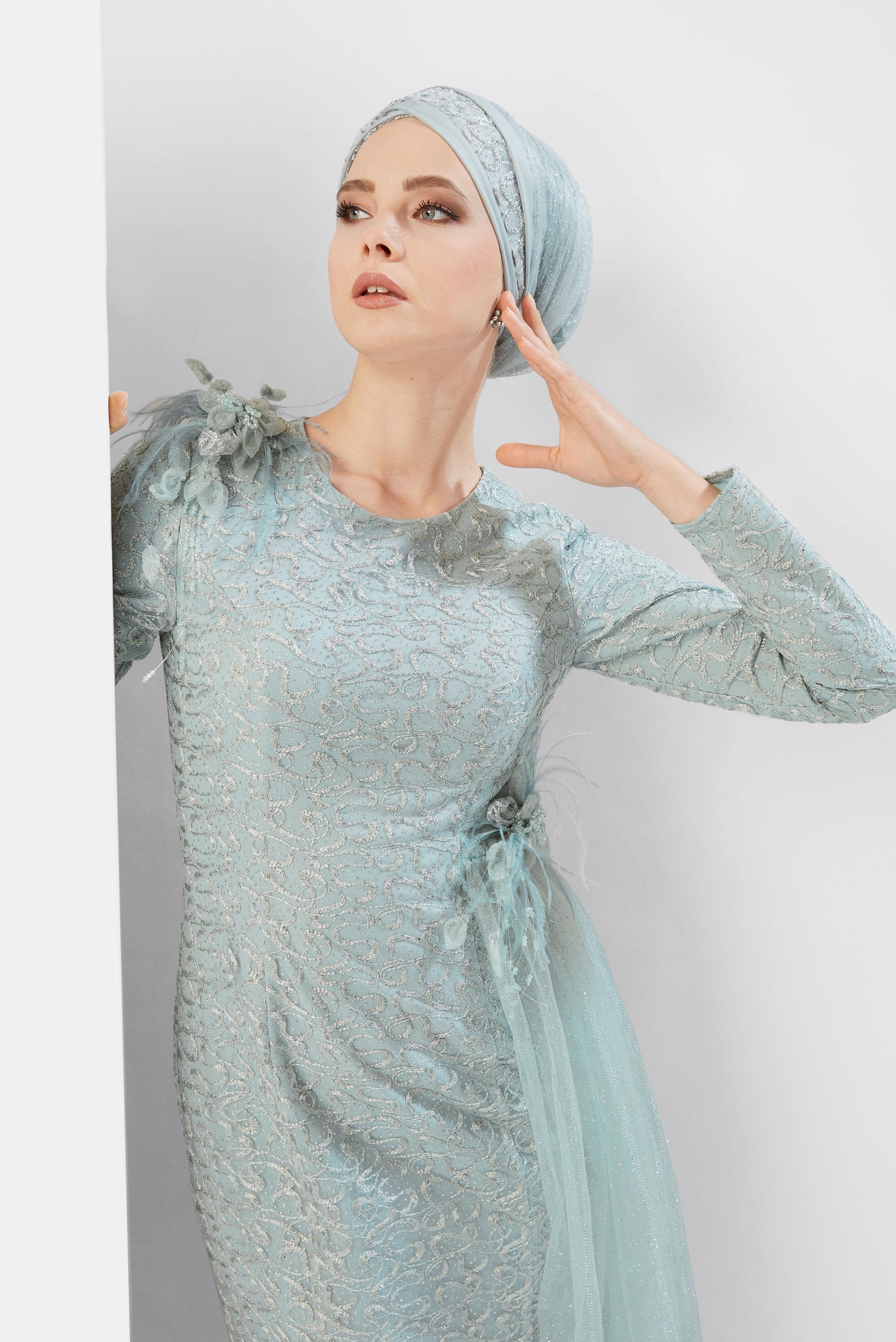 Tesettür giyim YEŞİL SİMLİ TÜLLÜ BALIK ABİYE ELBİSE  50023