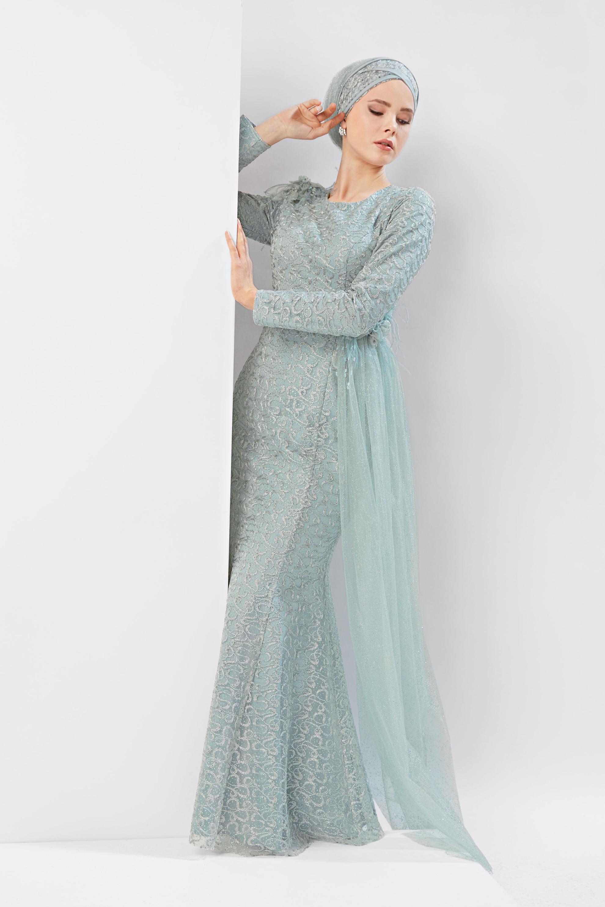 Tesettür giyim YEŞİL SİMLİ TÜLLÜ BALIK ABİYE ELBİSE  50023