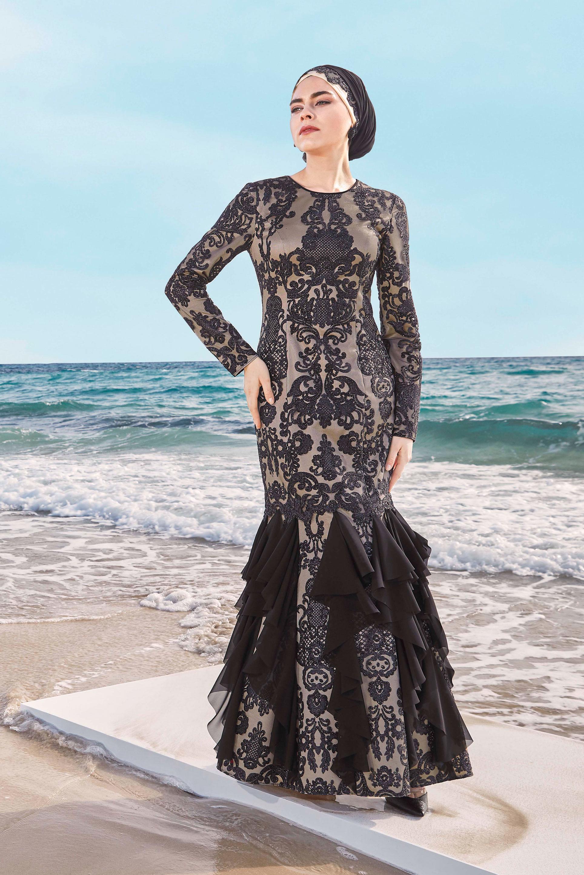 Tesettür giyim SİYAH MİX KUMAŞ BALIK KESİM ABİYE 50025 