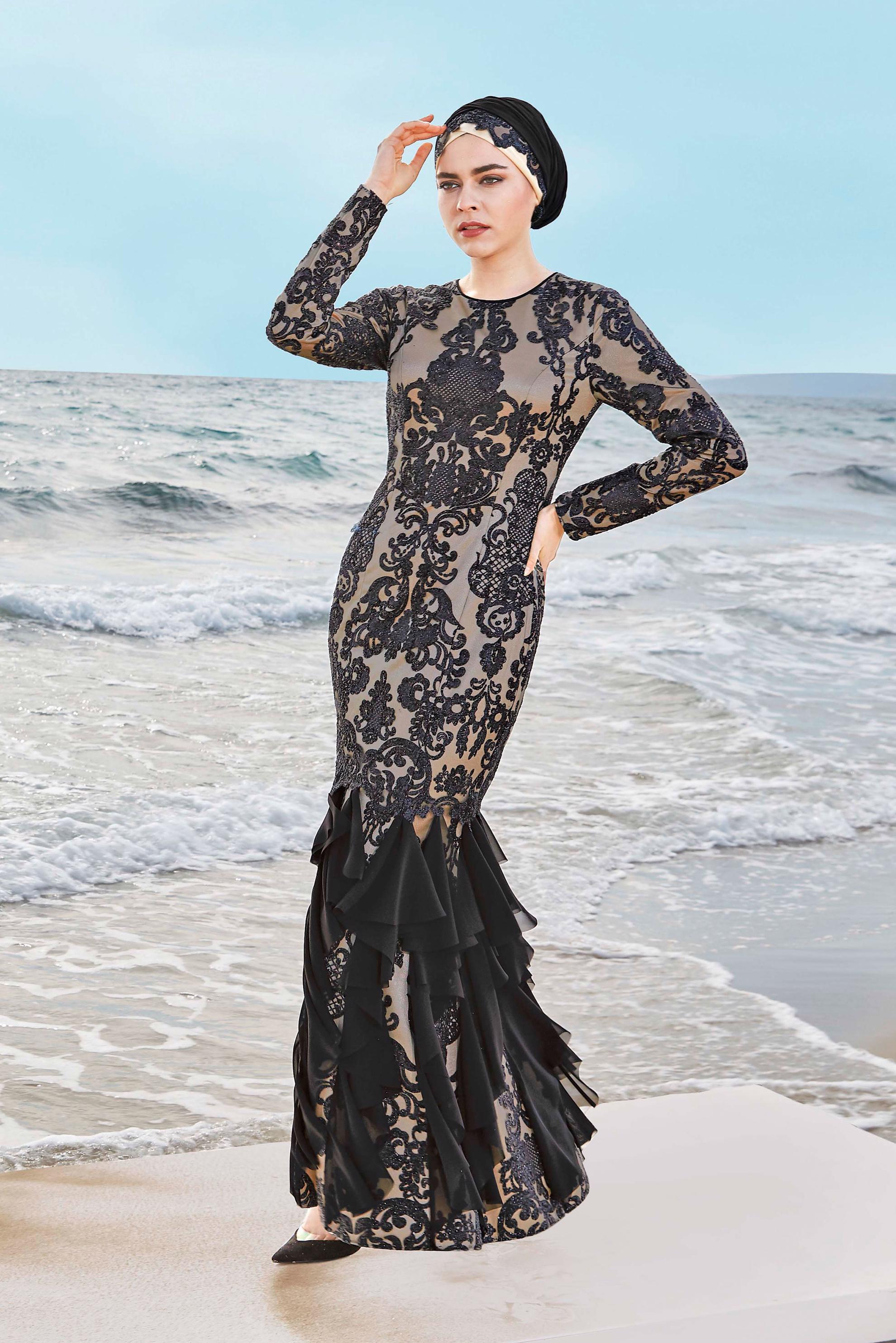 Tesettür giyim SİYAH MİX KUMAŞ BALIK KESİM ABİYE 50025 