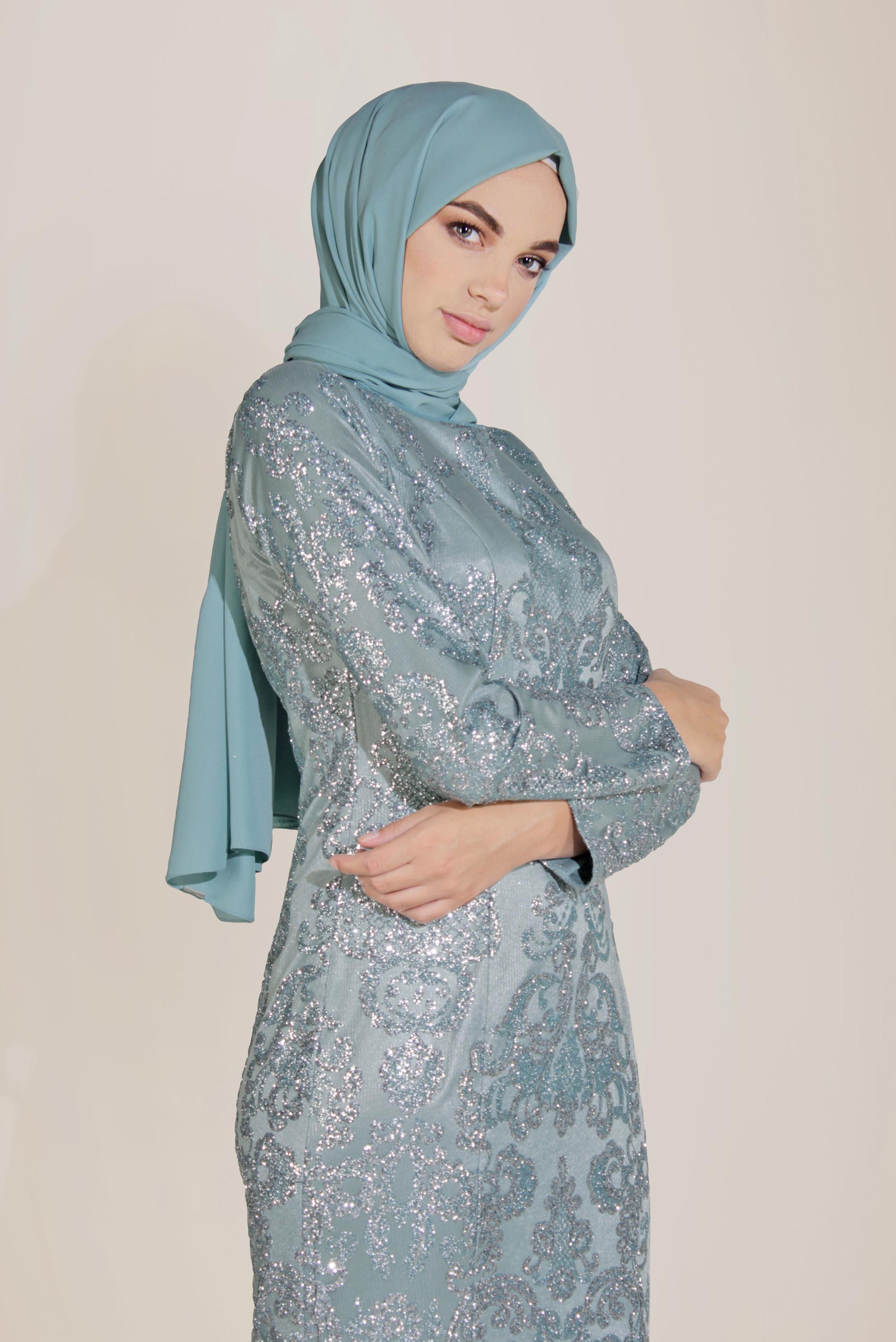 Tesettür giyim MAVİ MİX KUMAŞ BALIK KESİM ABİYE 50025 