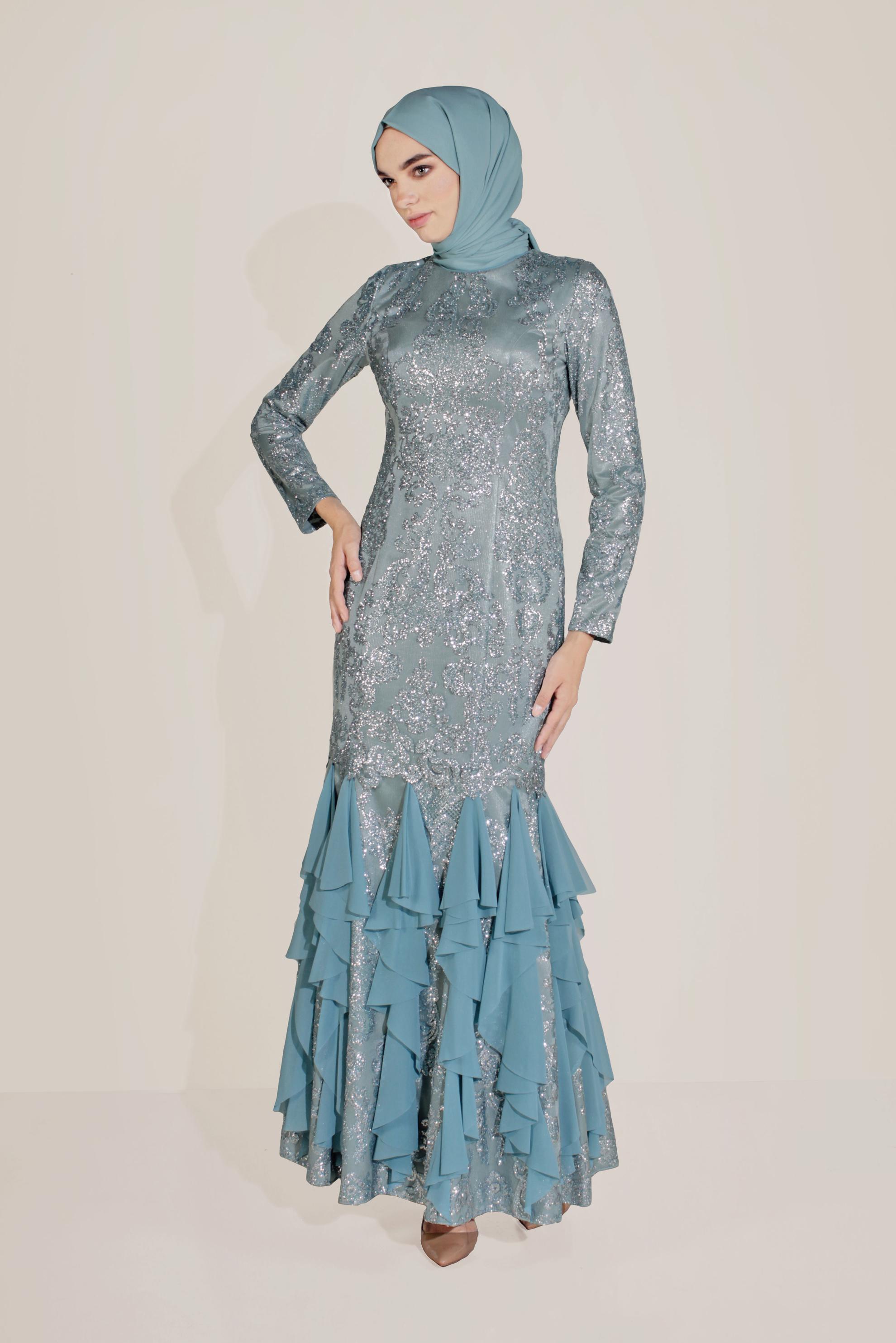 Tesettür giyim MAVİ MİX KUMAŞ BALIK KESİM ABİYE 50025 