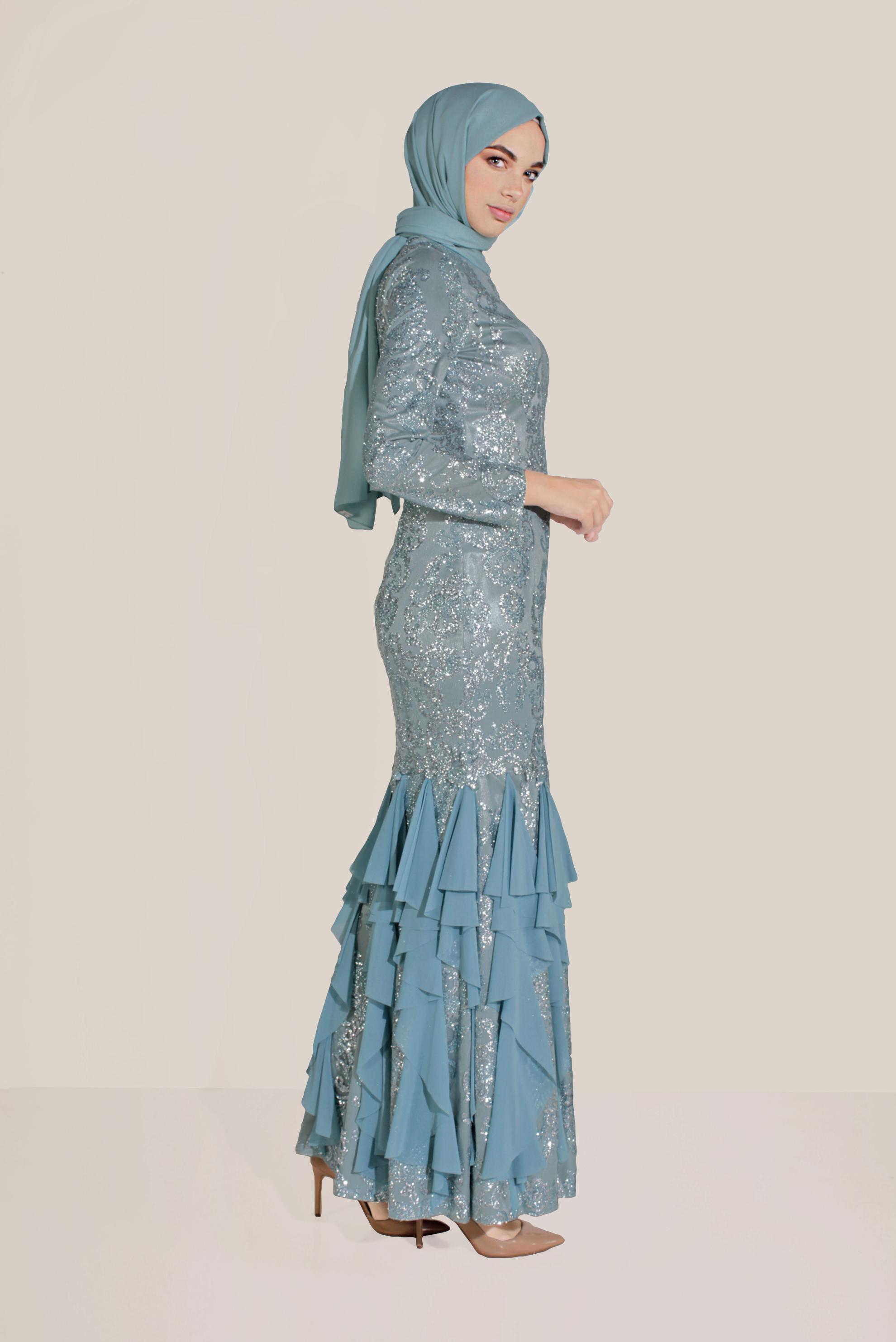 Tesettür giyim MAVİ MİX KUMAŞ BALIK KESİM ABİYE 50025 