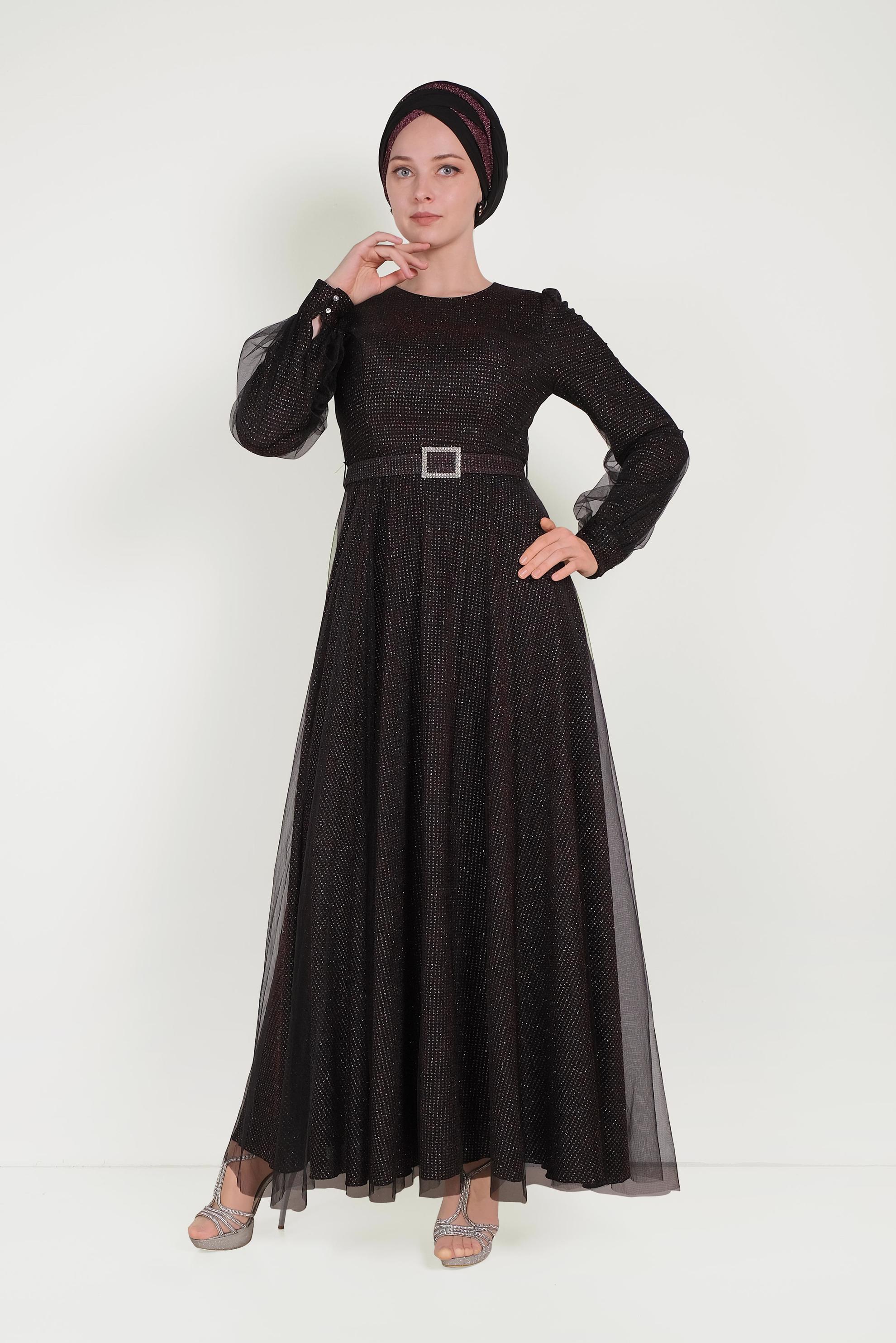 Tesettür giyim SİYAH SİMLİ TÜLLÜ ABİYE ELBİSE 50026