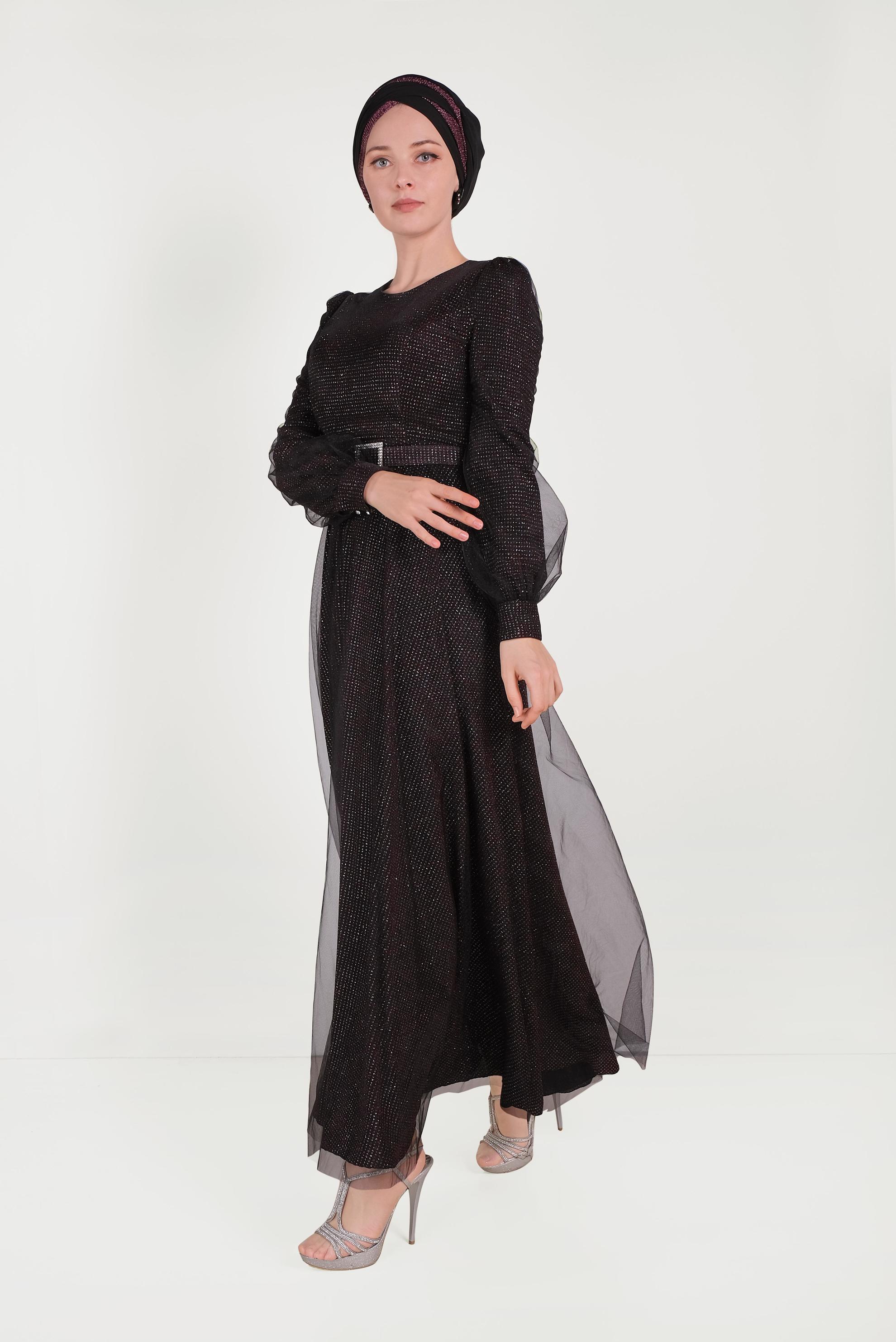 Tesettür giyim SİYAH SİMLİ TÜLLÜ ABİYE ELBİSE 50026