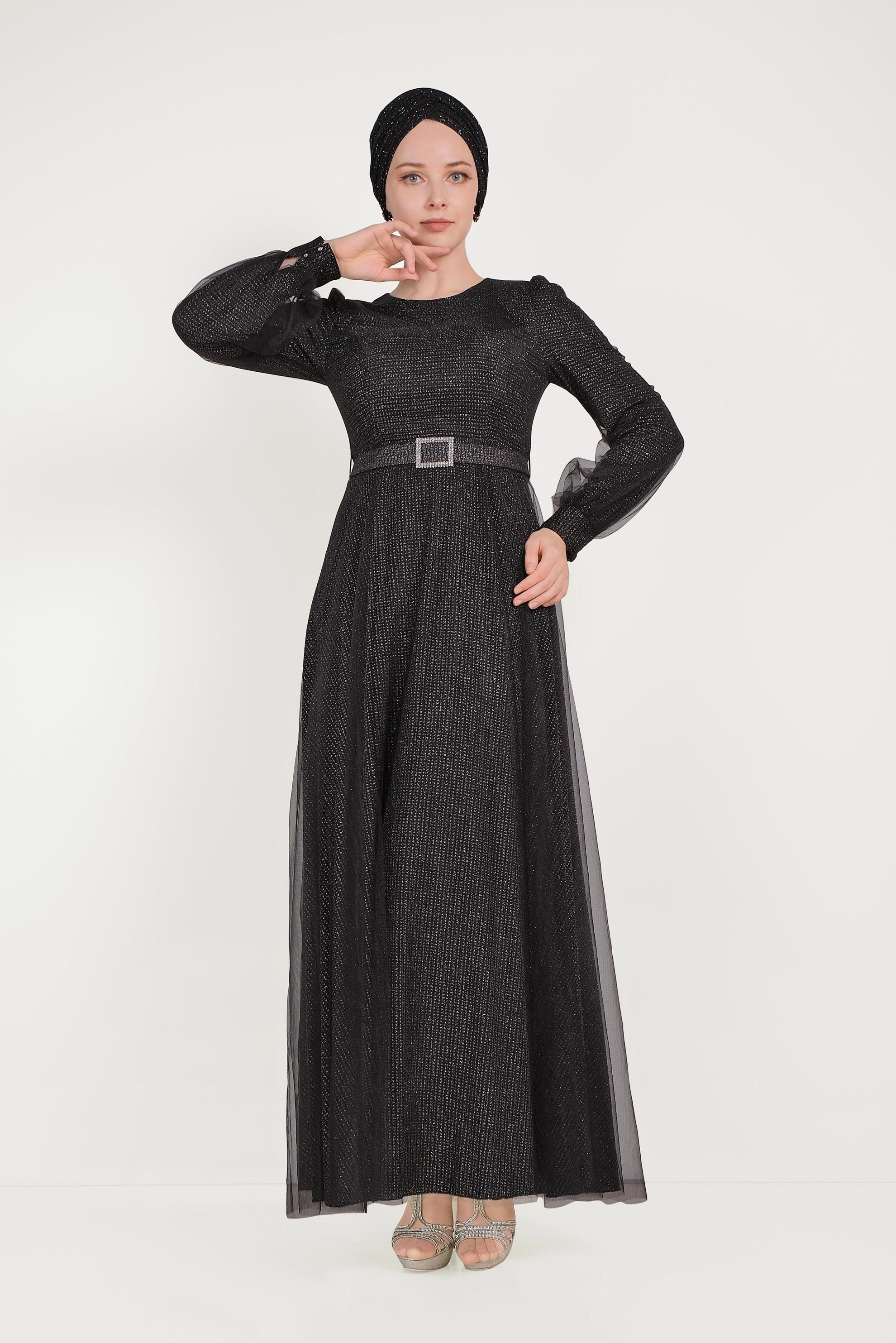 Tesettür giyim SİYAH SİMLİ TÜLLÜ ABİYE ELBİSE 50026