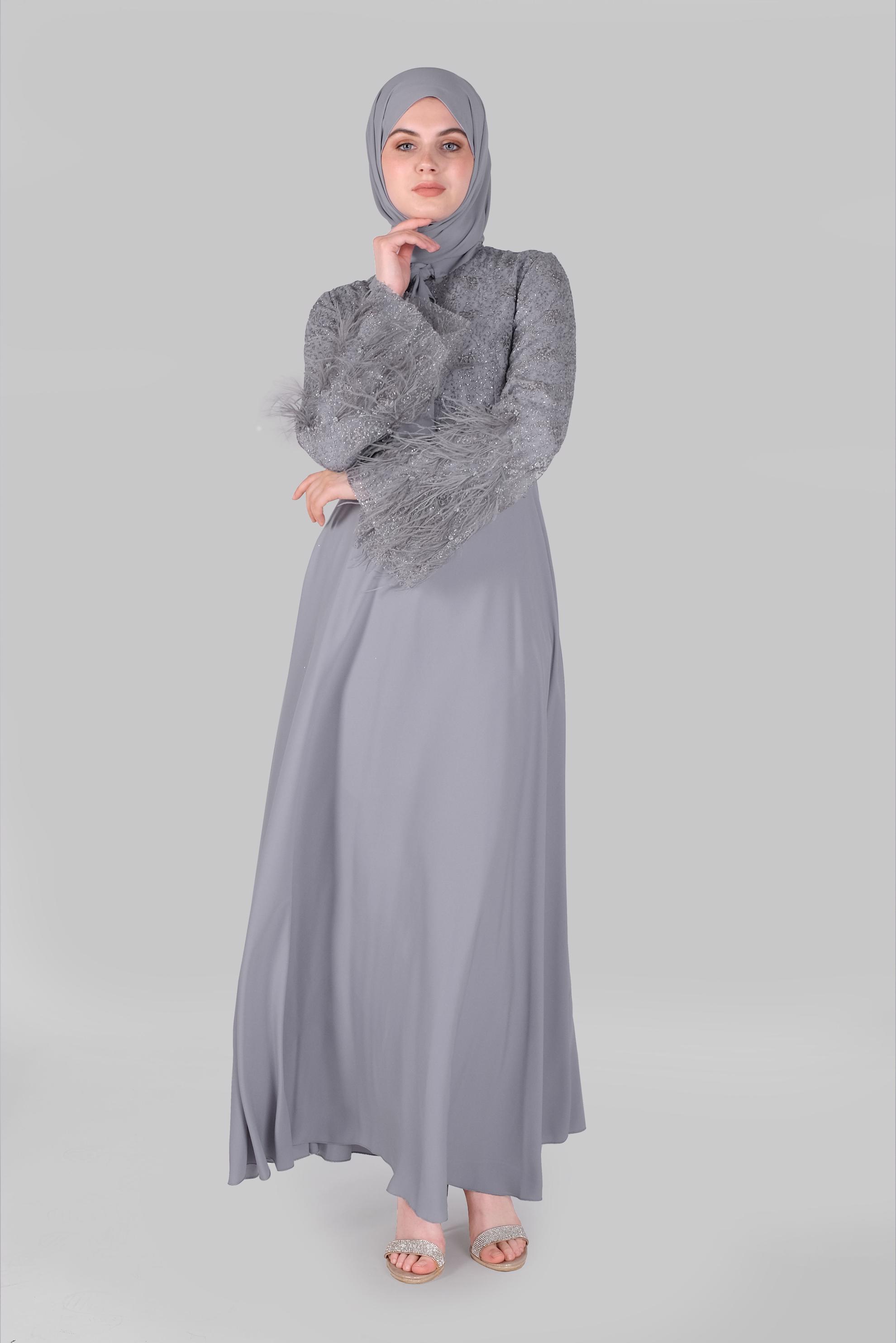 Tesettür giyim GRİ FİYONK YAKA TÜYLÜ GENİŞ KOL ELBİSE  50029