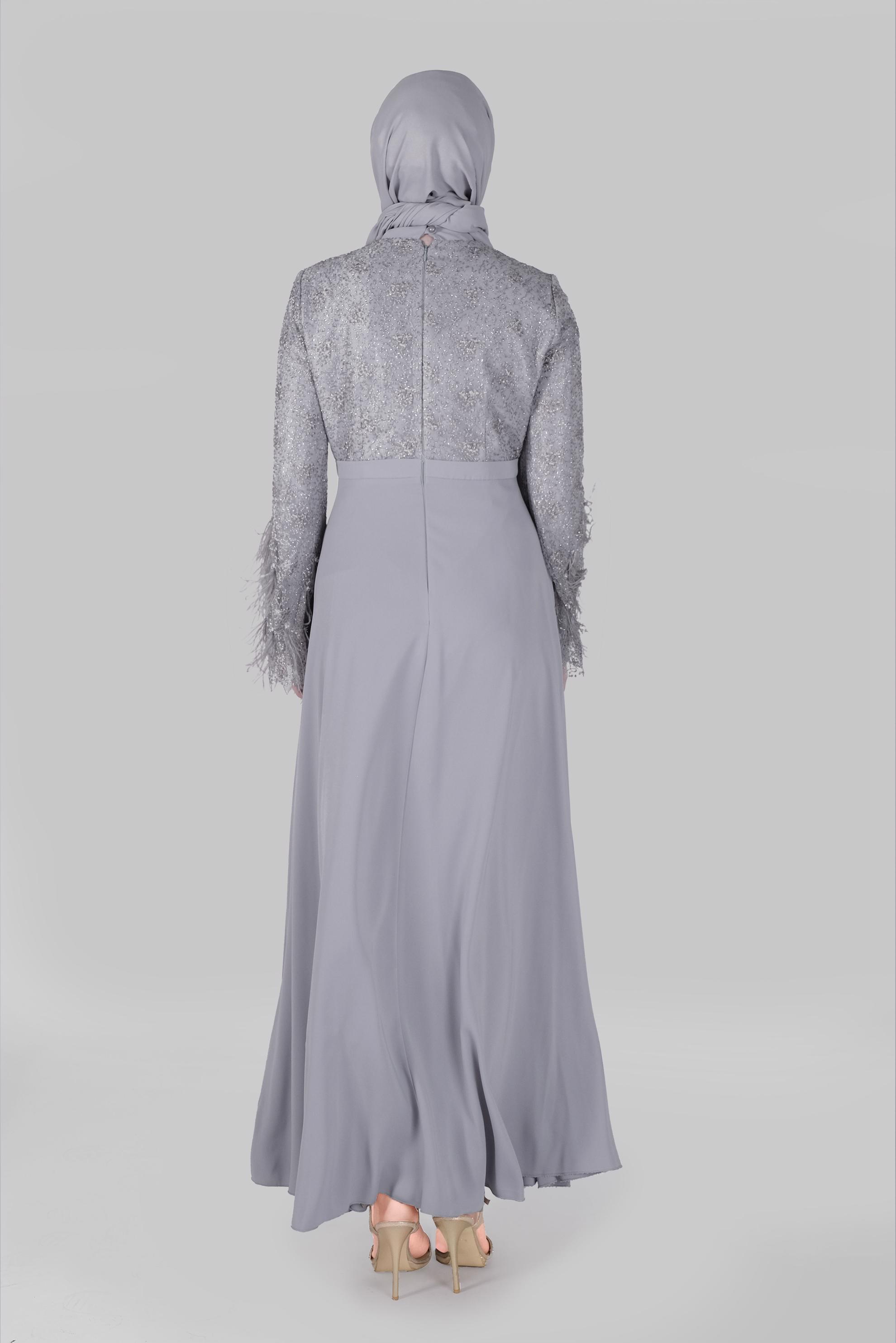 Tesettür giyim GRİ FİYONK YAKA TÜYLÜ GENİŞ KOL ELBİSE  50029