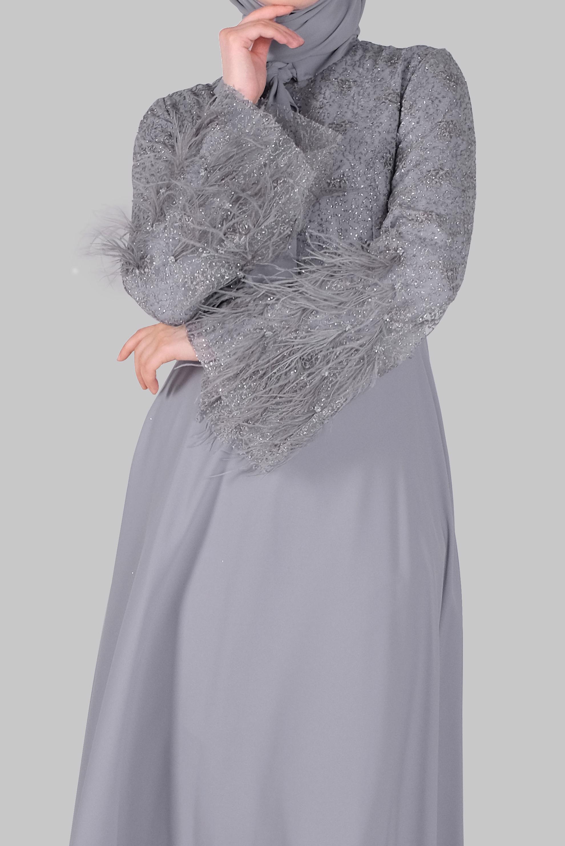 Tesettür giyim GRİ FİYONK YAKA TÜYLÜ GENİŞ KOL ELBİSE  50029
