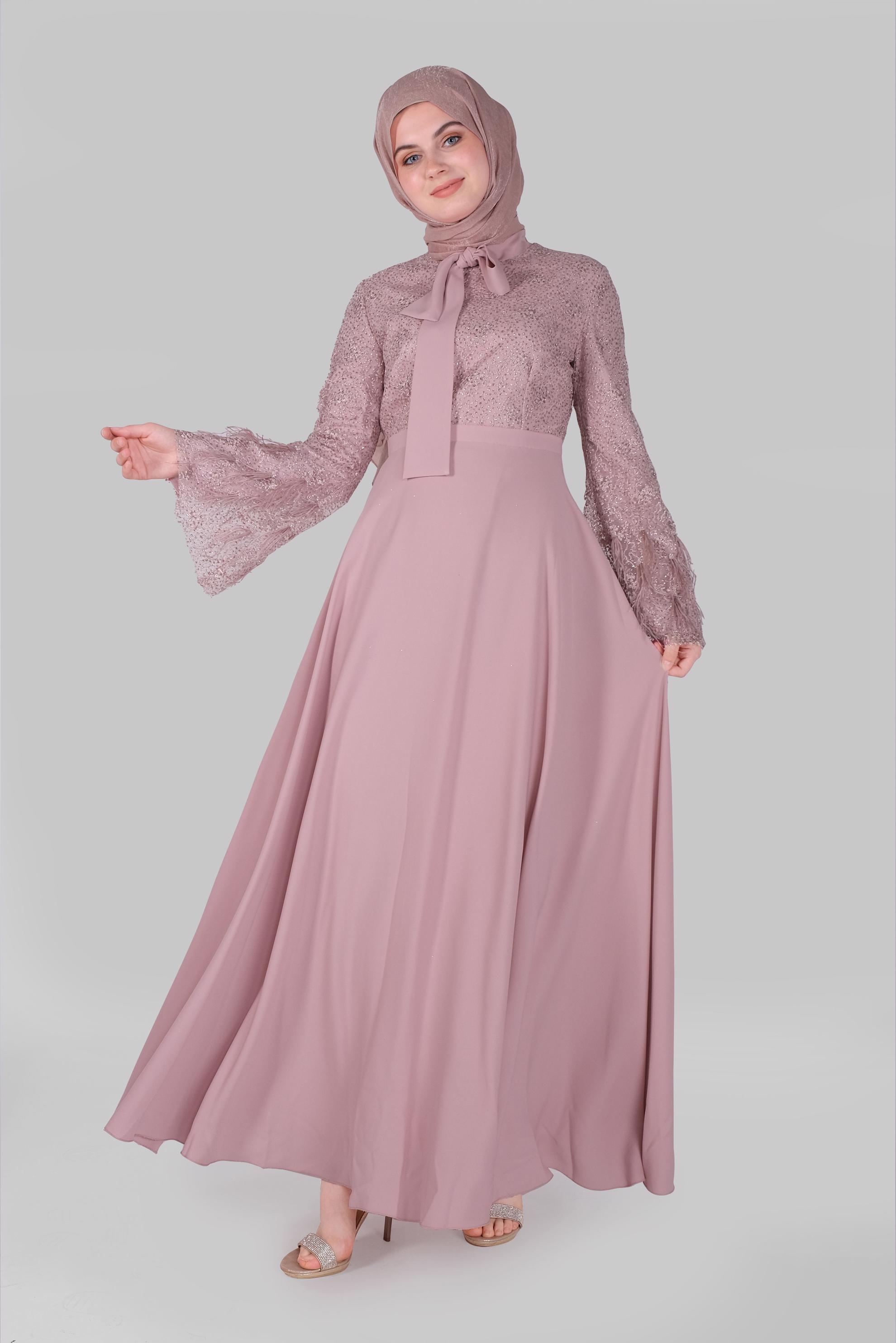 Tesettür giyim PUDRA FİYONK YAKA TÜYLÜ GENİŞ KOL ELBİSE  50029