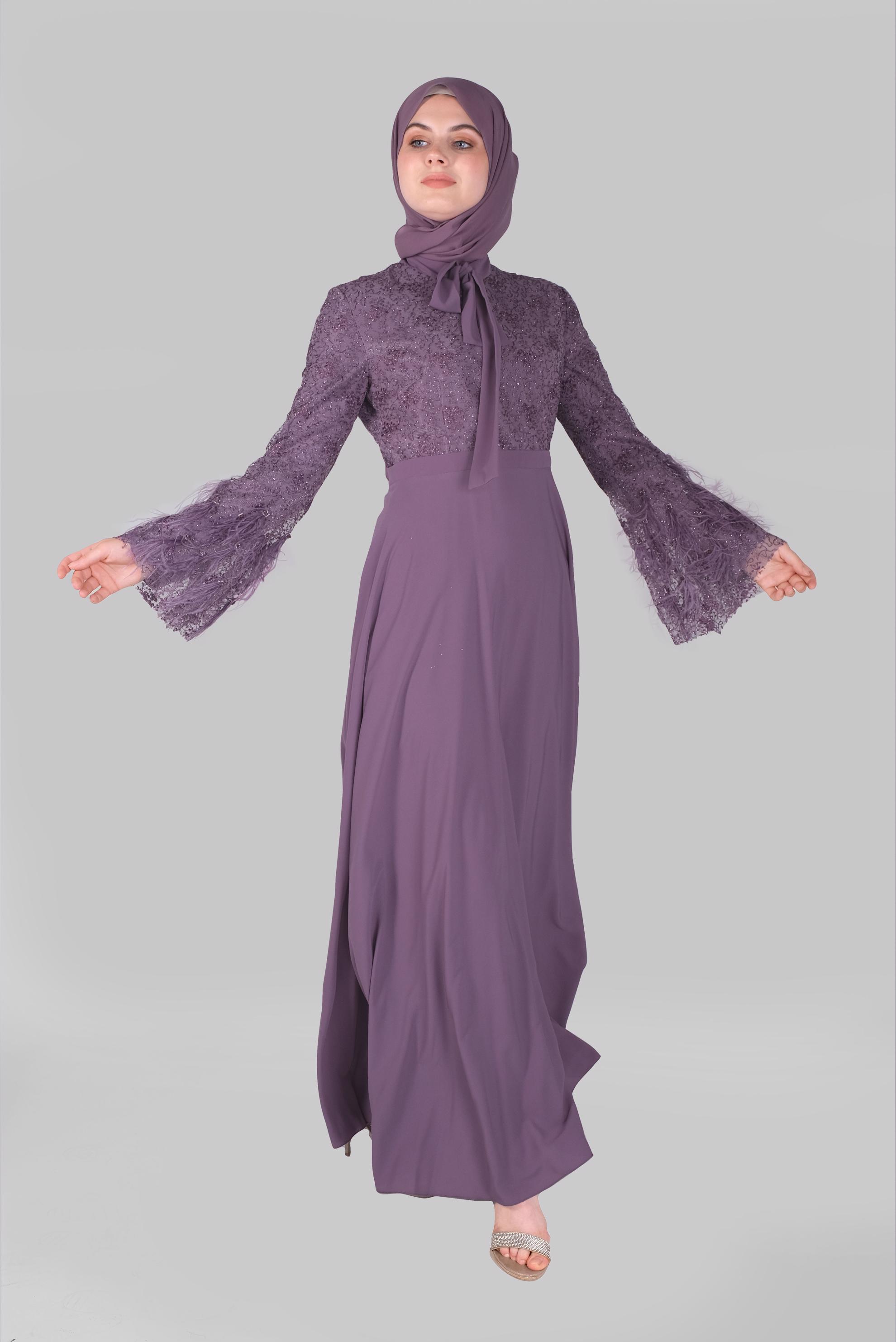 Tesettür giyim MOR FİYONK YAKA TÜYLÜ GENİŞ KOL ELBİSE  50029