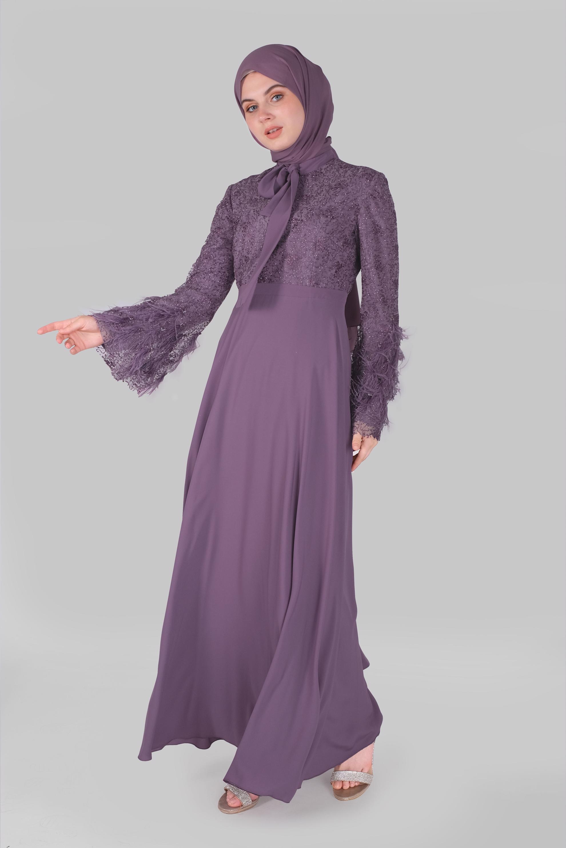 Tesettür giyim MOR FİYONK YAKA TÜYLÜ GENİŞ KOL ELBİSE  50029