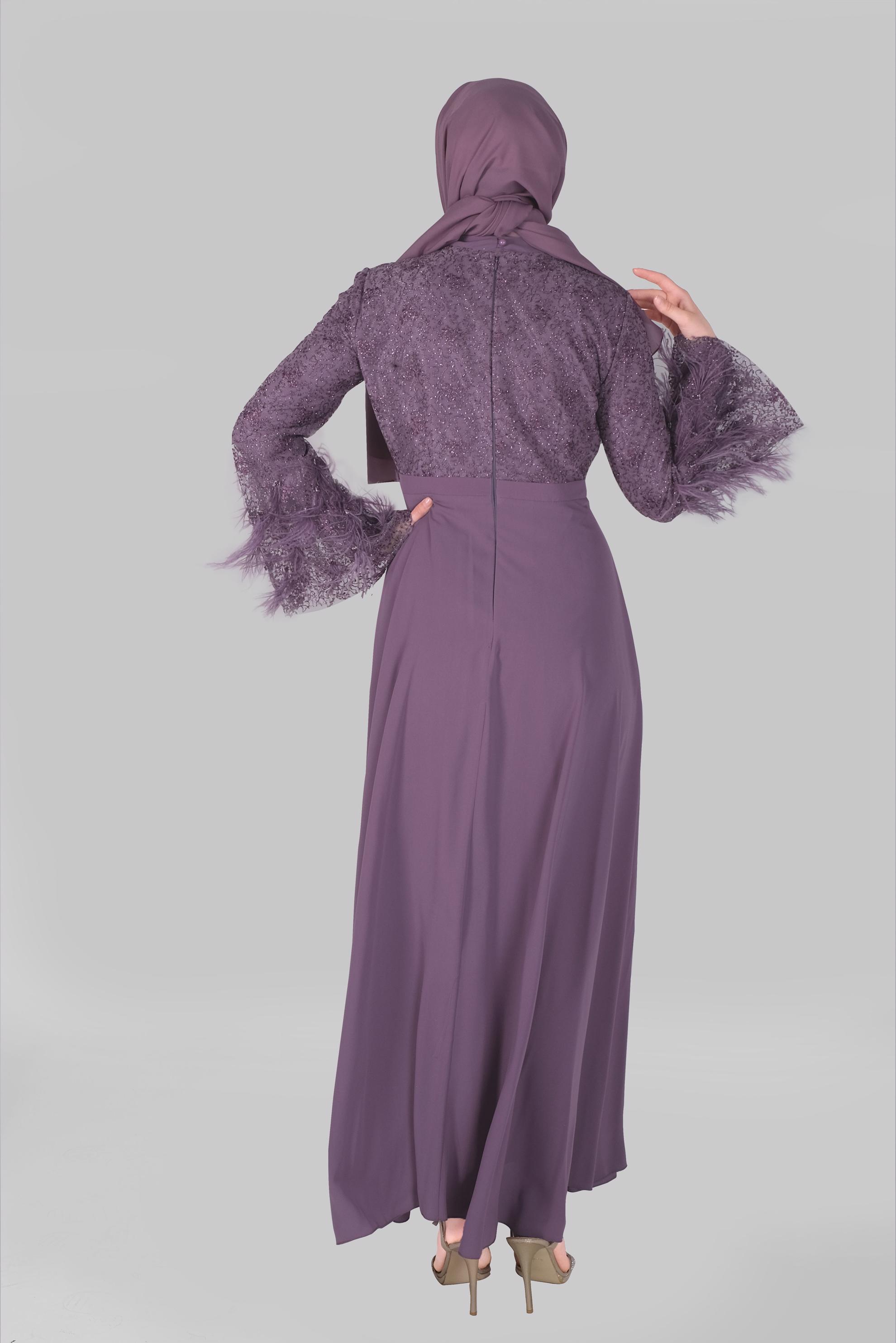 Tesettür giyim MOR FİYONK YAKA TÜYLÜ GENİŞ KOL ELBİSE  50029