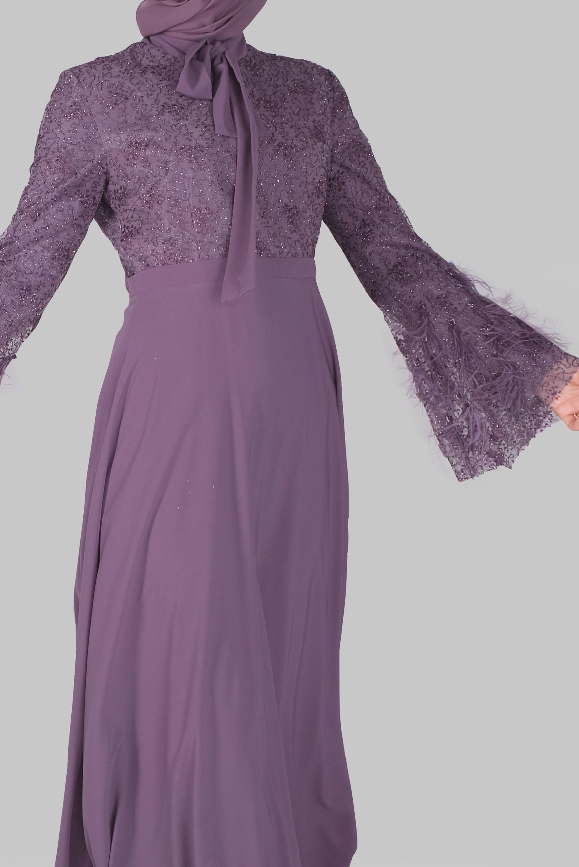 Tesettür giyim MOR FİYONK YAKA TÜYLÜ GENİŞ KOL ELBİSE  50029