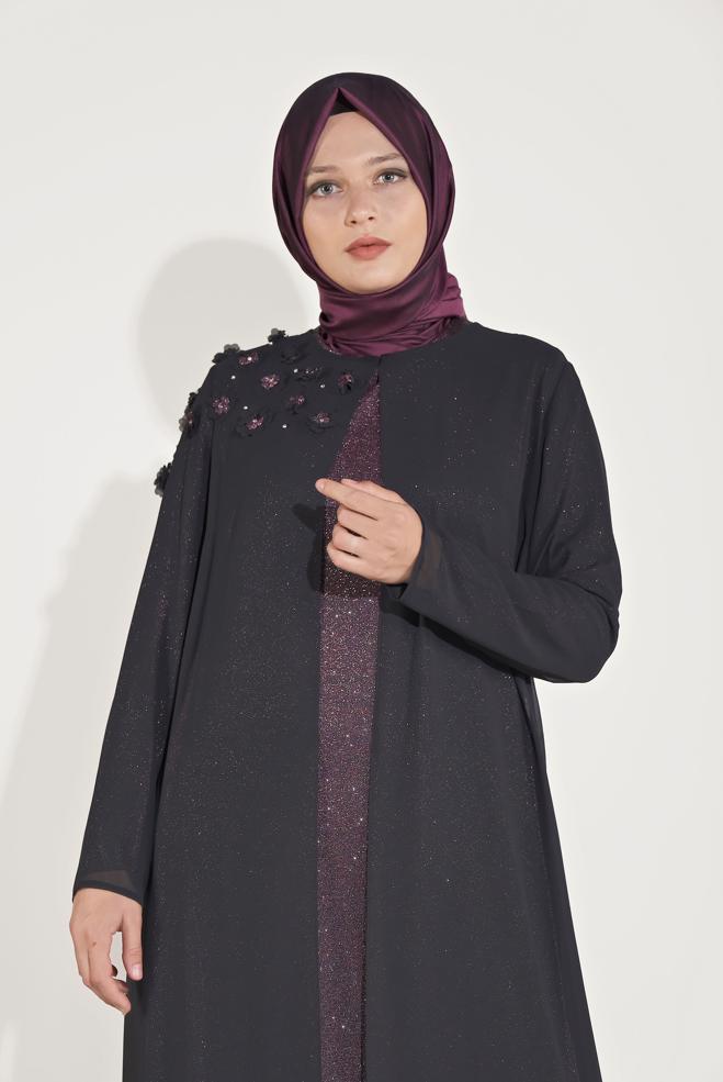 Vêtements hijab PRUNE ROBE DE SOIRÉE À FLEURS BRODÉES 50030  - ALVİNA