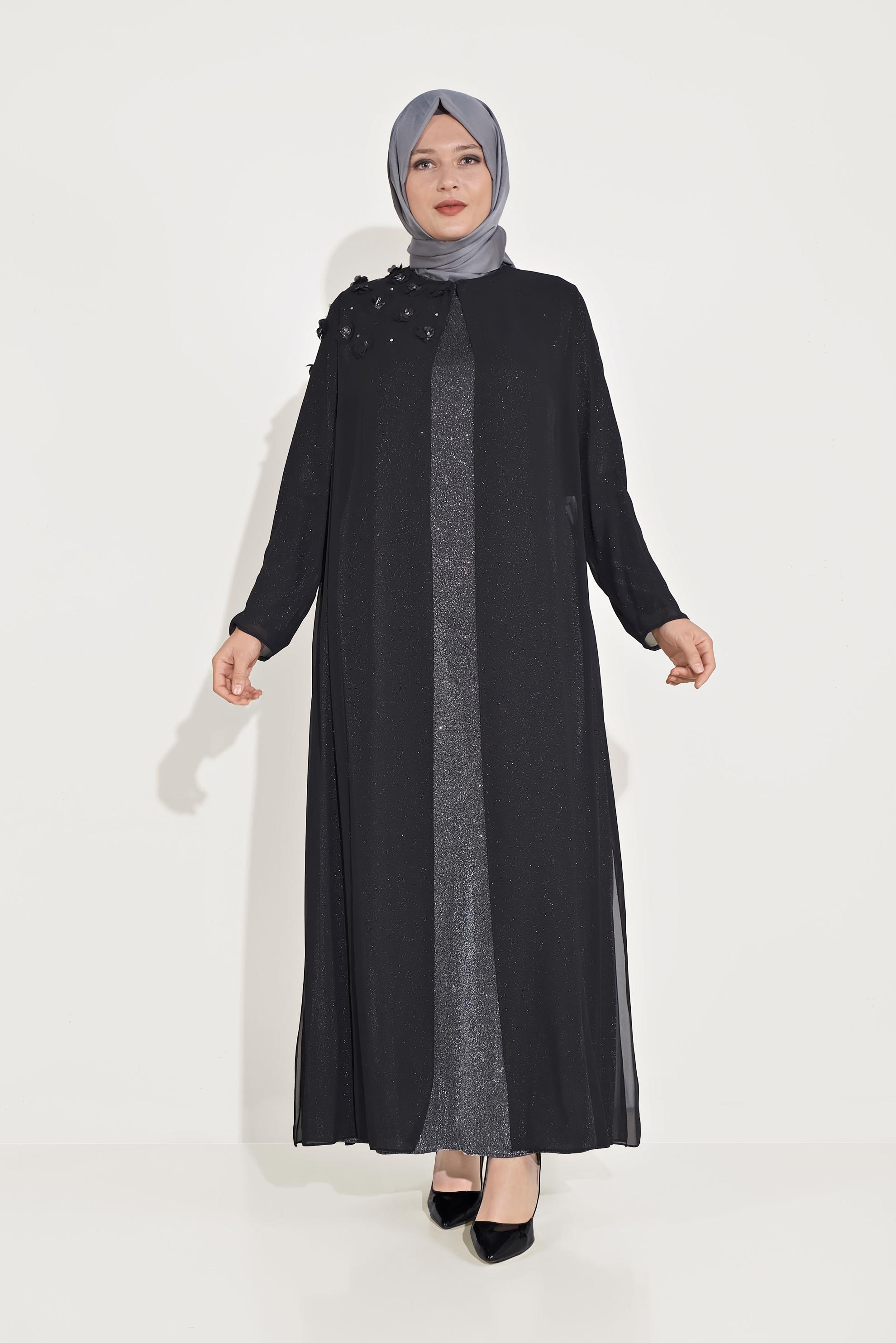 Tesettür giyim GRİ ÜÇ BOYUTLU ÇİÇEK DETAYLI SİMLİ İKİLİ ELBİSELİ ABİYE 50030 