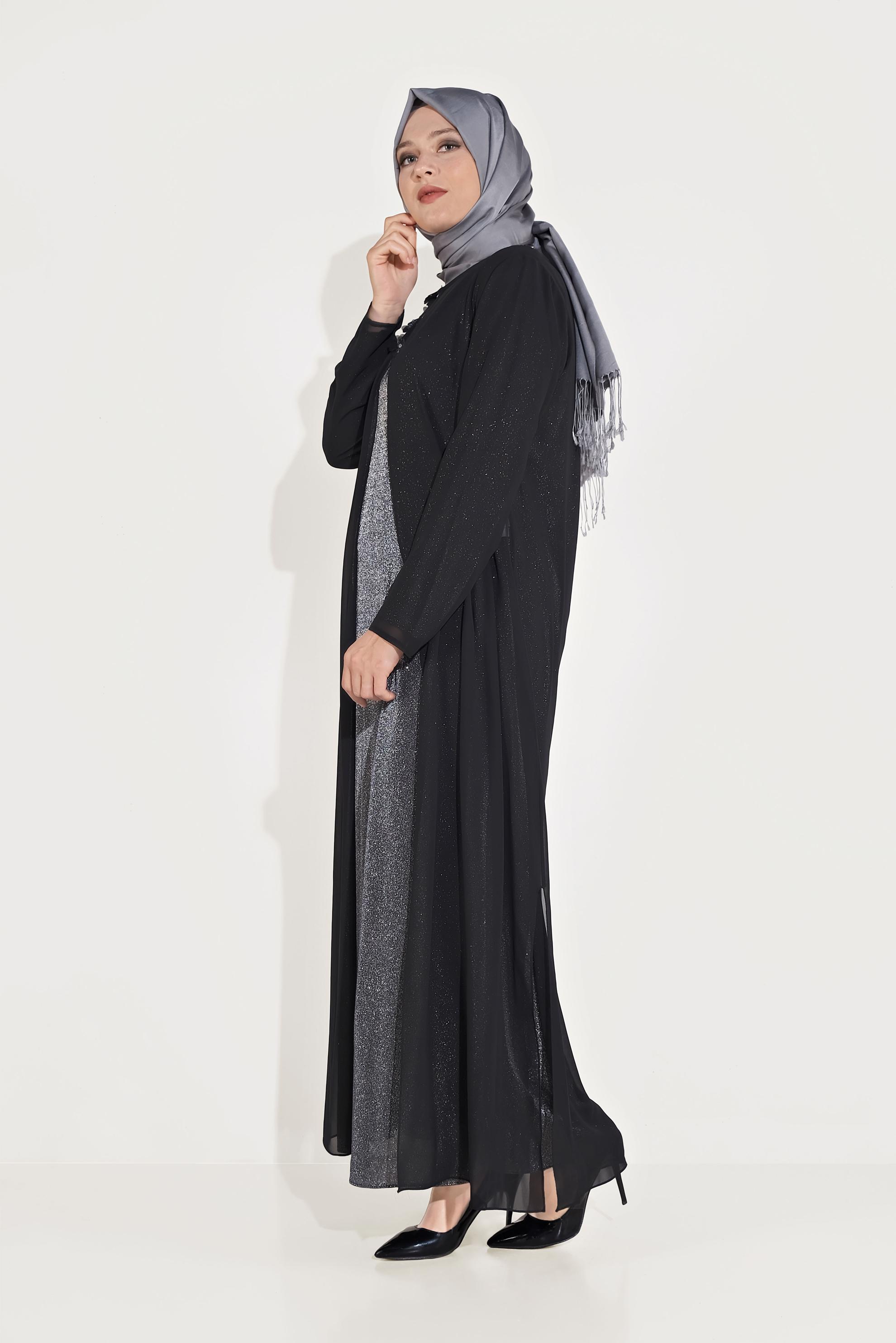 Tesettür giyim GRİ ÜÇ BOYUTLU ÇİÇEK DETAYLI SİMLİ İKİLİ ELBİSELİ ABİYE 50030 