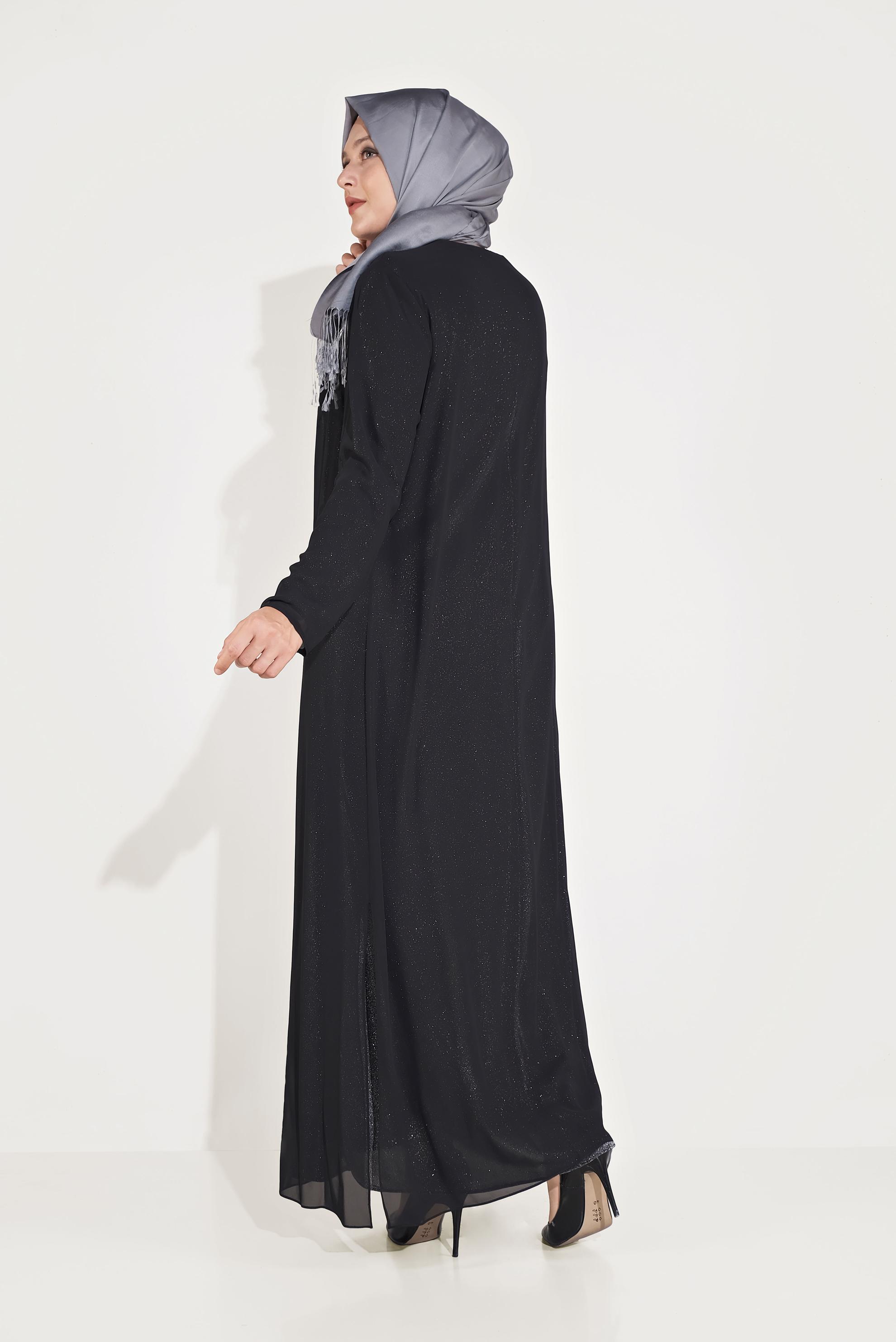 Tesettür giyim GRİ ÜÇ BOYUTLU ÇİÇEK DETAYLI SİMLİ İKİLİ ELBİSELİ ABİYE 50030 