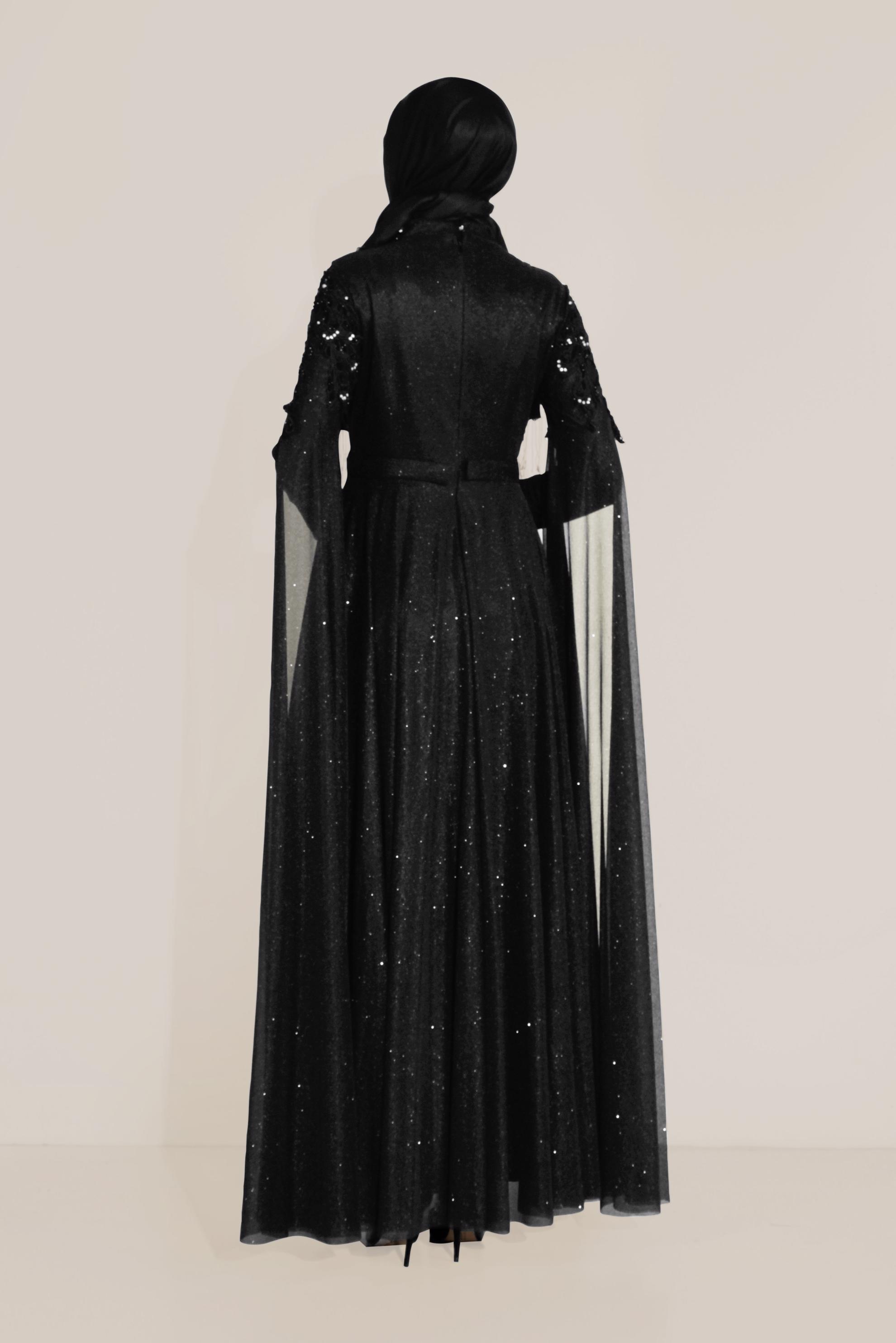 Tesettür giyim SİYAH GÜPÜR DETAYLI PELERİN KOL SİMLİ KUMAŞ ABİYE 50031