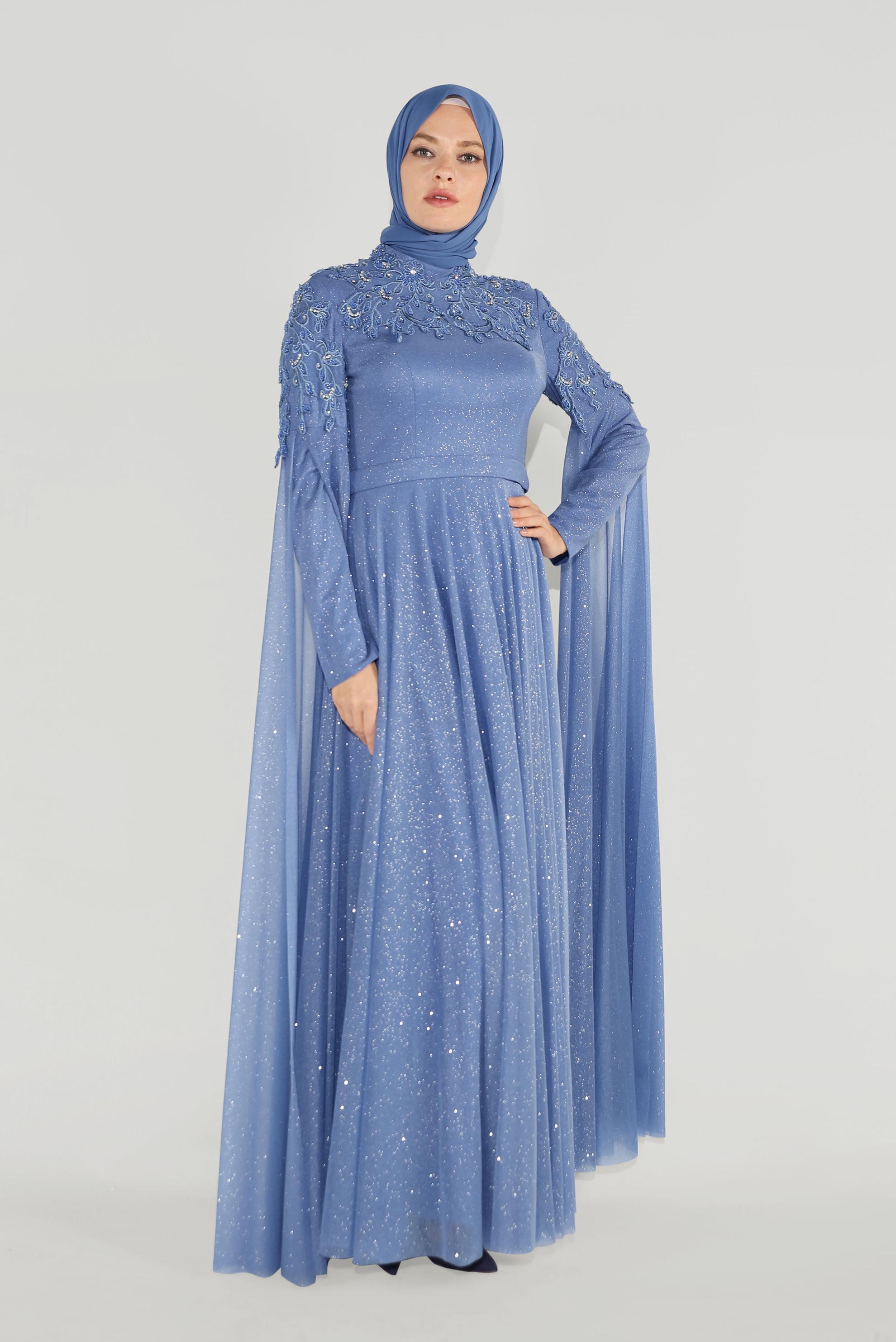 Tesettür giyim MAVİ GÜPÜR DETAYLI PELERİN KOL SİMLİ KUMAŞ ABİYE 50031