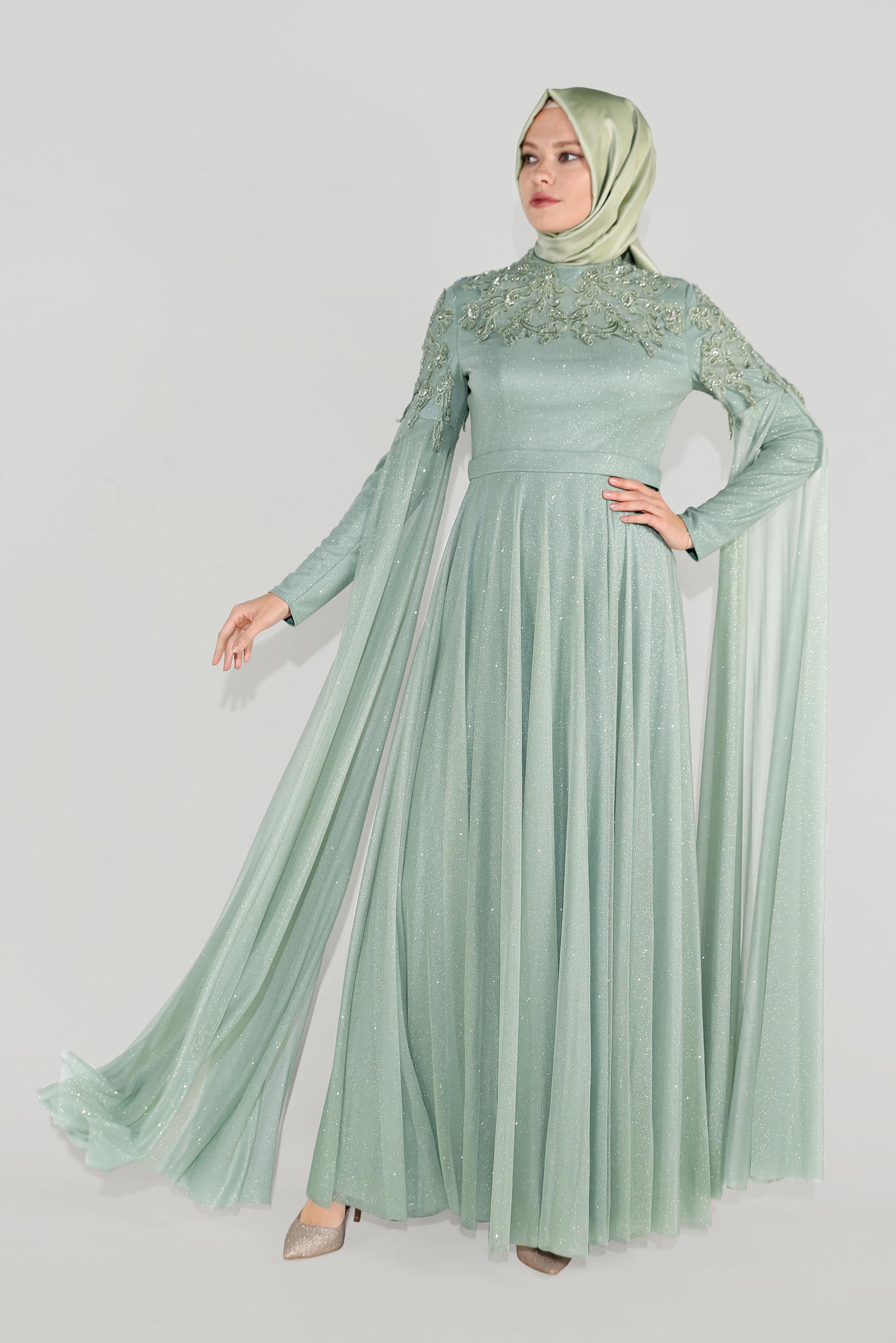 Tesettür giyim MAVİ GÜPÜR DETAYLI PELERİN KOL SİMLİ KUMAŞ ABİYE 50031