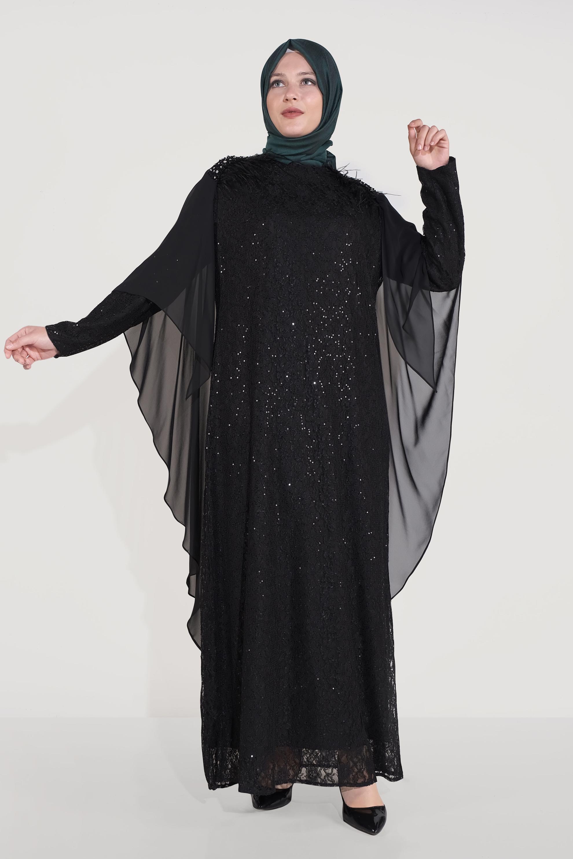 Tesettür giyim SİYAH PULLU DANTEL İŞLEMELİ TÜYLÜ ABİYE ELBİSE 50034