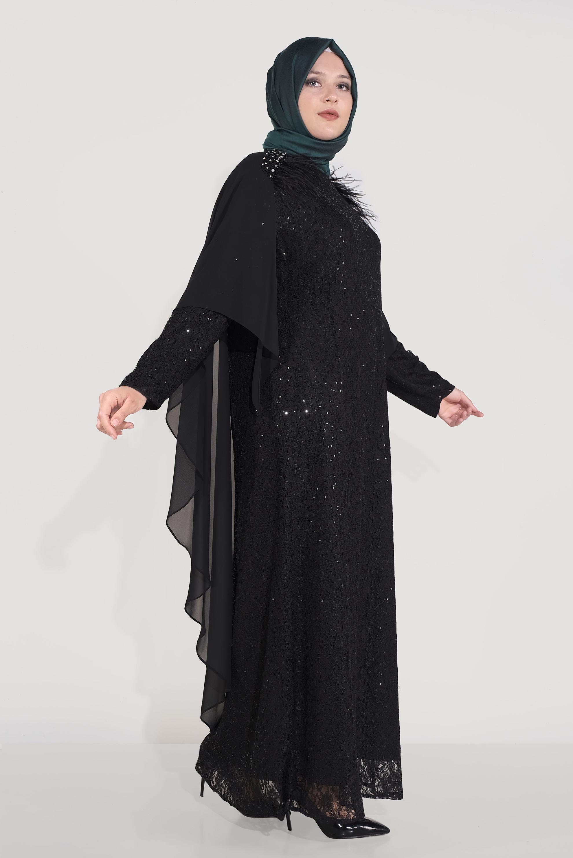 Tesettür giyim SİYAH PULLU DANTEL İŞLEMELİ TÜYLÜ ABİYE ELBİSE 50034