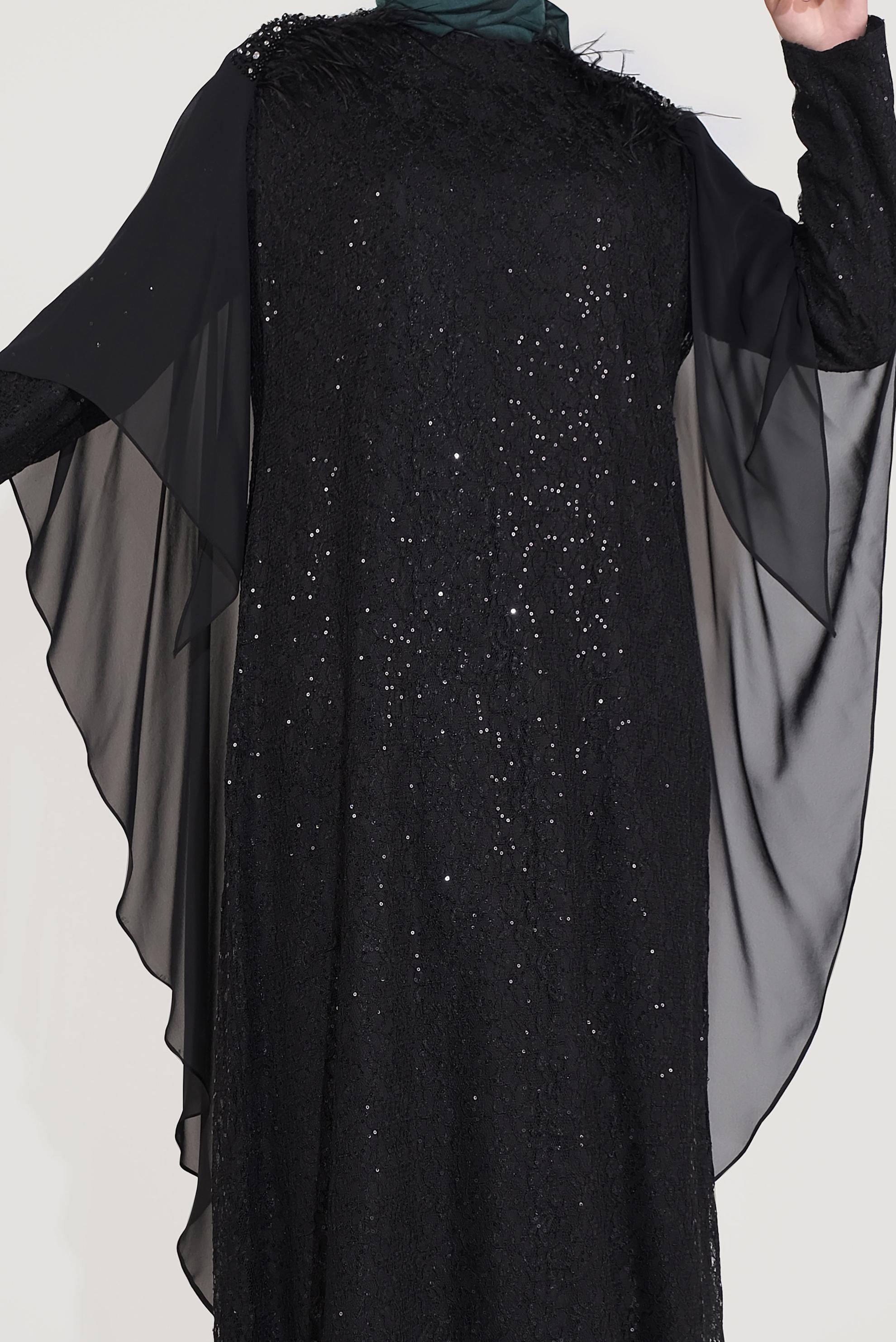 Tesettür giyim SİYAH PULLU DANTEL İŞLEMELİ TÜYLÜ ABİYE ELBİSE 50034