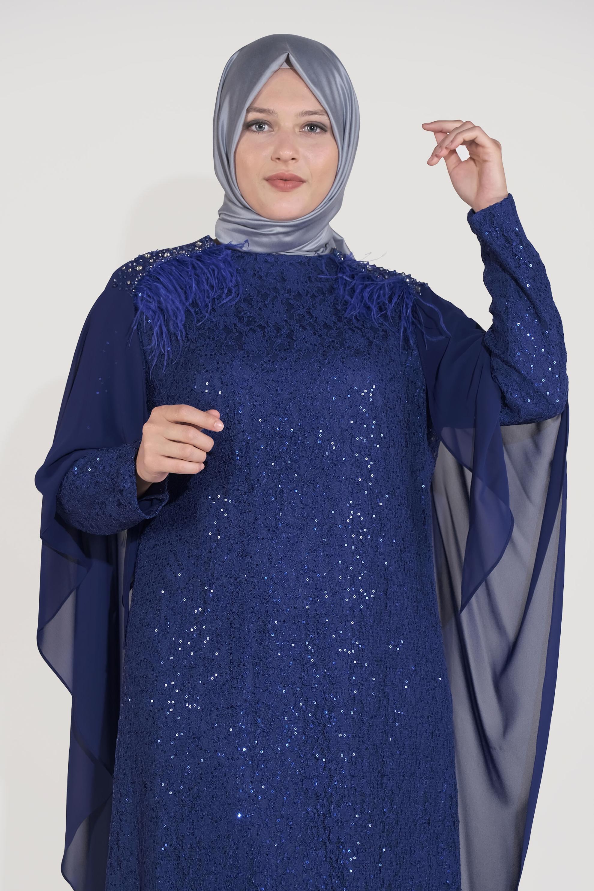 Tesettür giyim LACİVERT PULLU DANTEL İŞLEMELİ TÜYLÜ ABİYE ELBİSE 50034