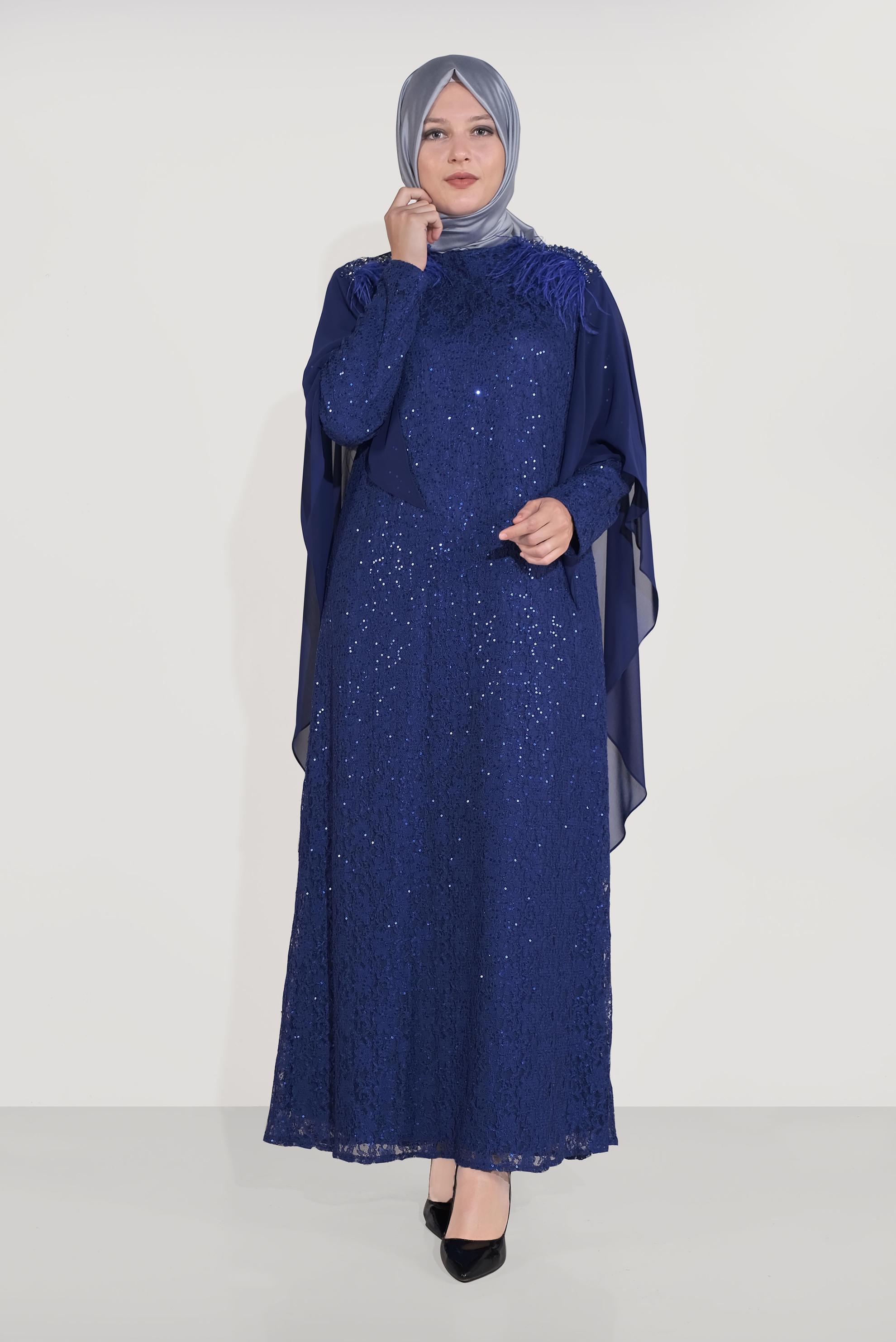 Tesettür giyim LACİVERT PULLU DANTEL İŞLEMELİ TÜYLÜ ABİYE ELBİSE 50034