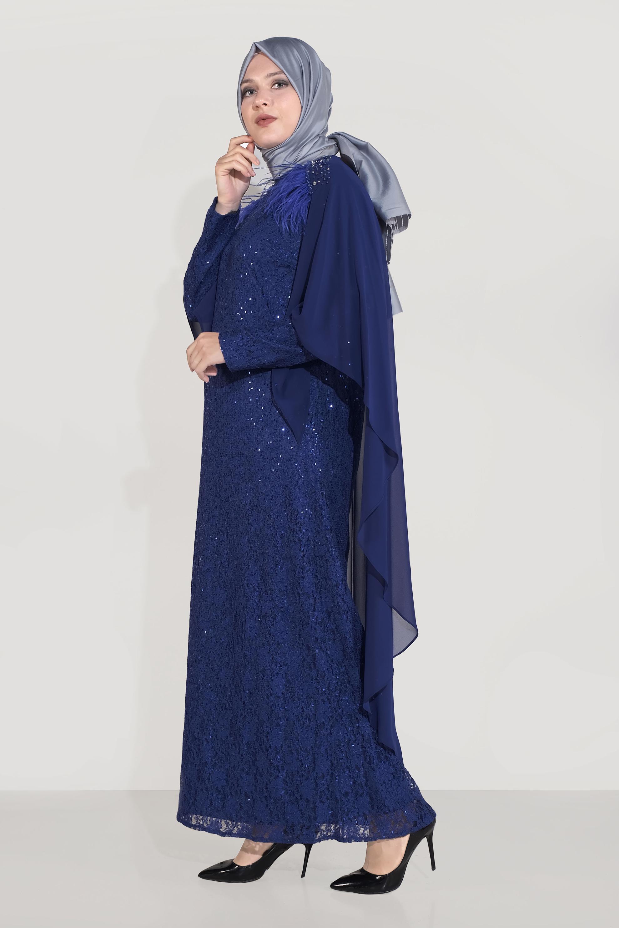 Tesettür giyim LACİVERT PULLU DANTEL İŞLEMELİ TÜYLÜ ABİYE ELBİSE 50034