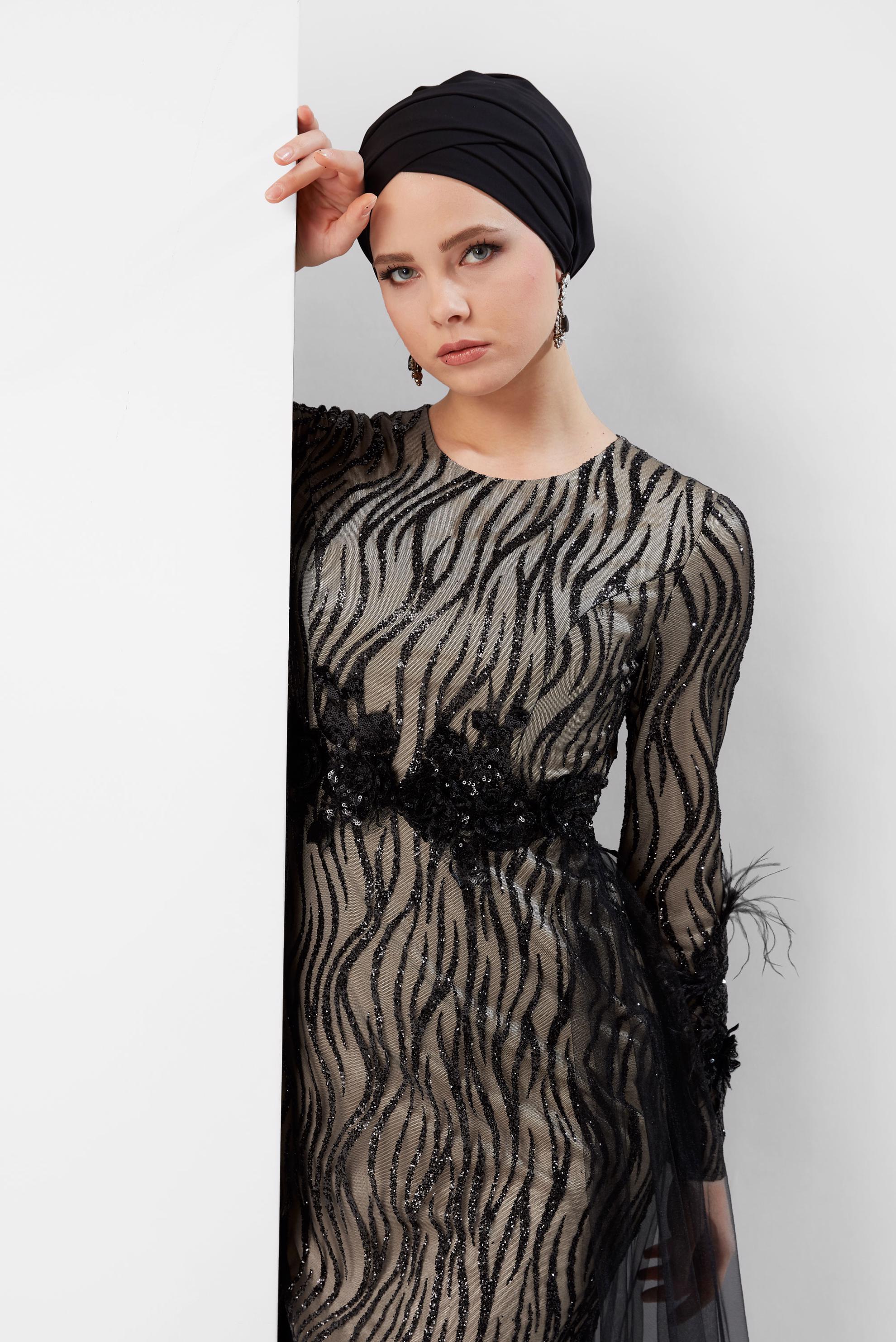 Hijab clothing BLACK COTTON ZEBRA PATTERN NIGHTDRESS WITH TINSELS AND TULLES 50038 