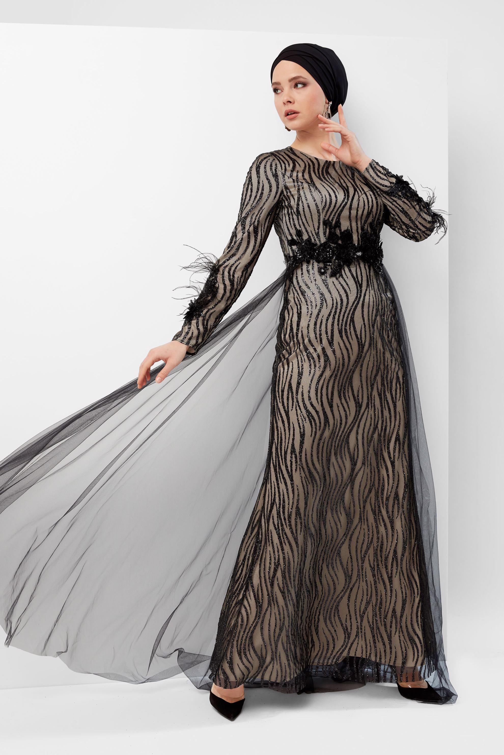 Hijab clothing BLACK COTTON ZEBRA PATTERN NIGHTDRESS WITH TINSELS AND TULLES 50038 