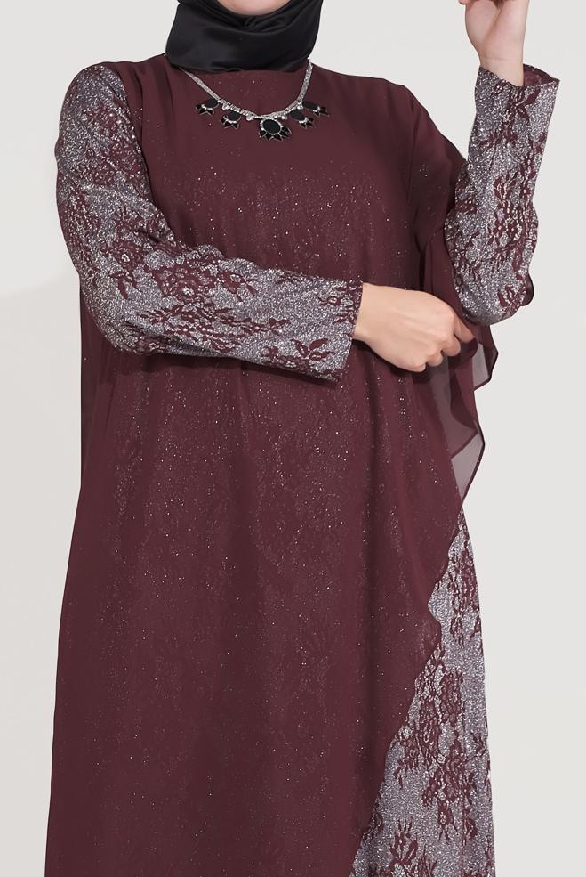 Tesettür giyim BORDO SİMLİ DESENLİ ŞİFON ABİYE ELBİSE 50039  - ALVİNA