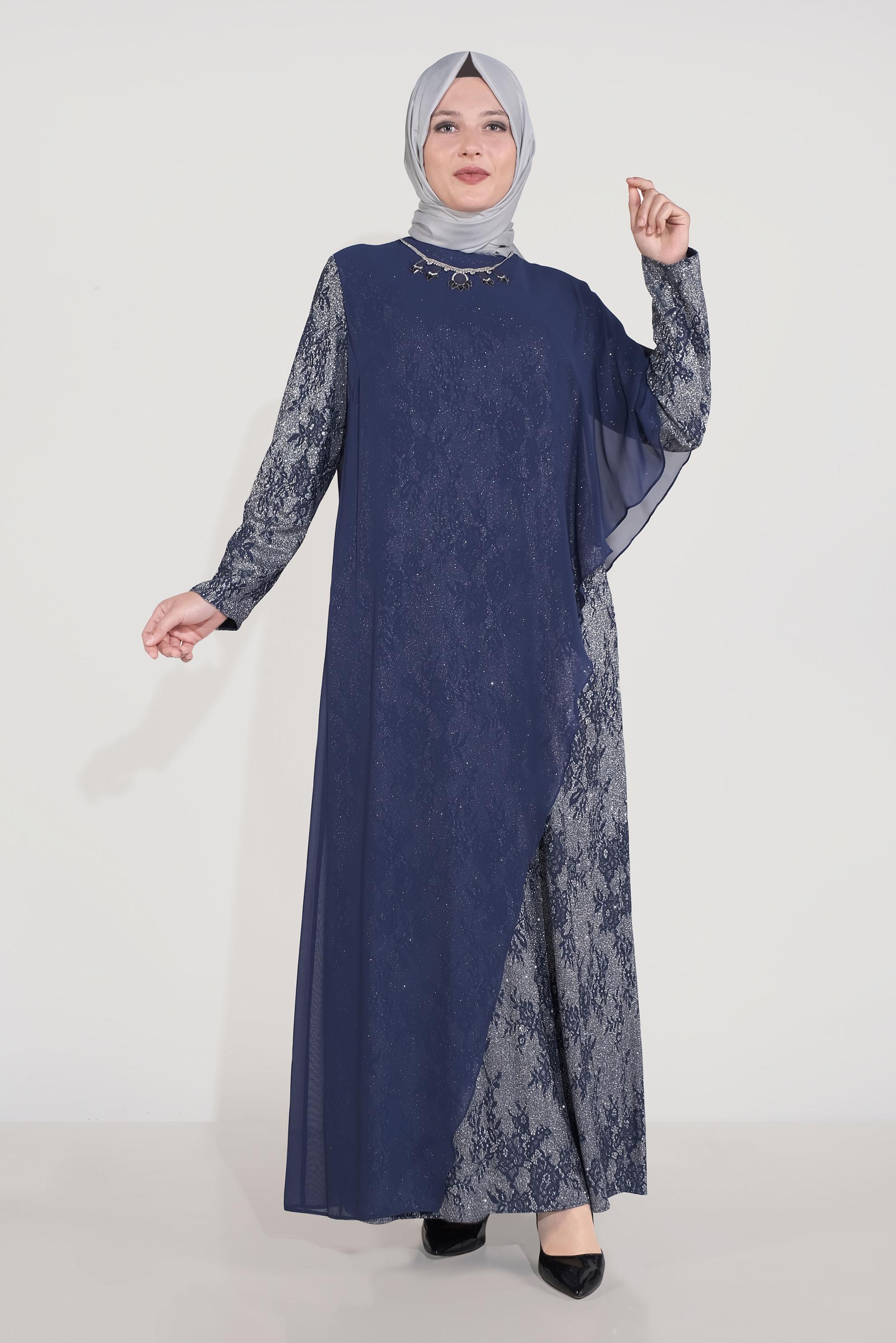 Tesettür giyim LACİVERT SİMLİ DESENLİ ŞİFON ABİYE ELBİSE 50039 