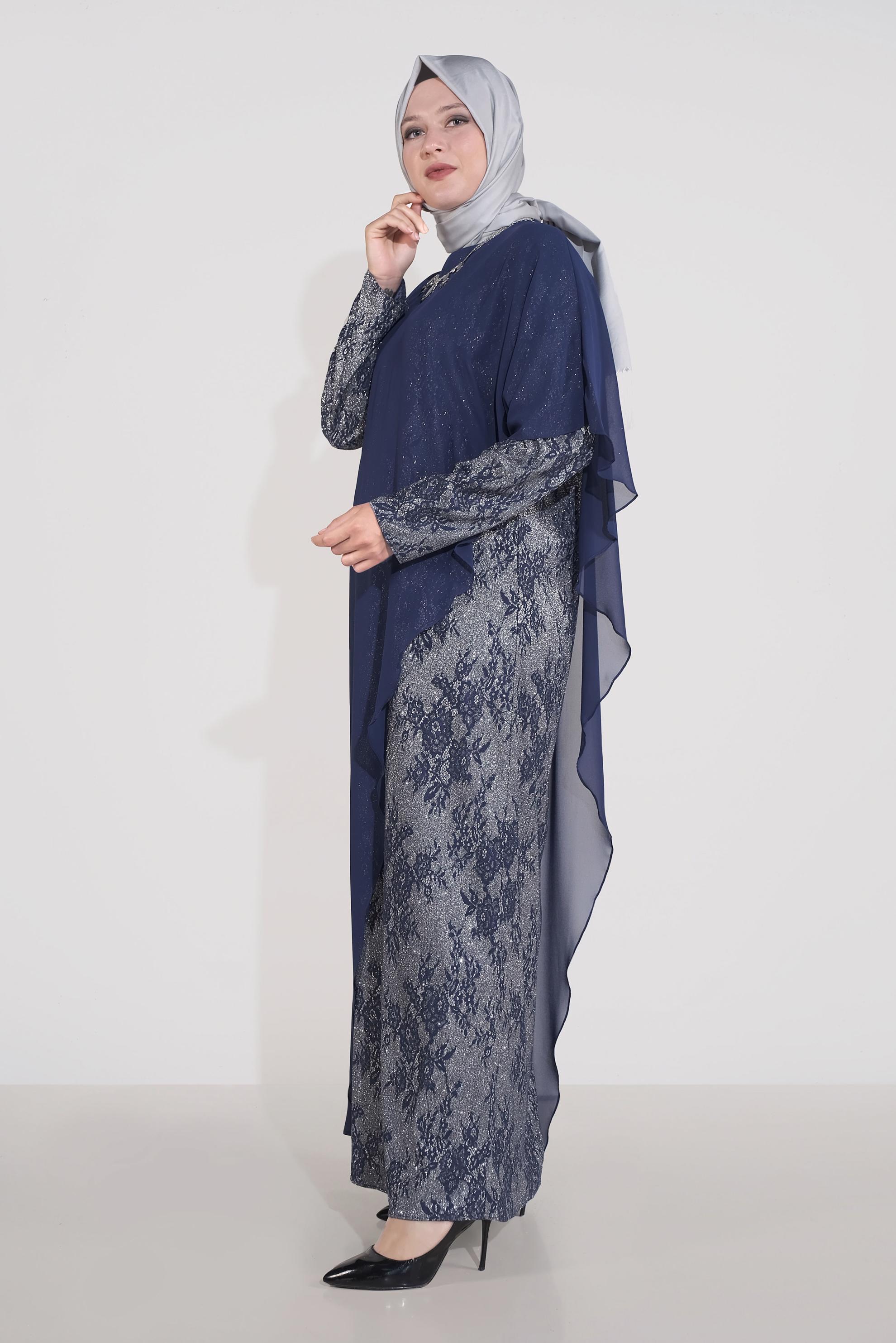 Tesettür giyim LACİVERT SİMLİ DESENLİ ŞİFON ABİYE ELBİSE 50039 