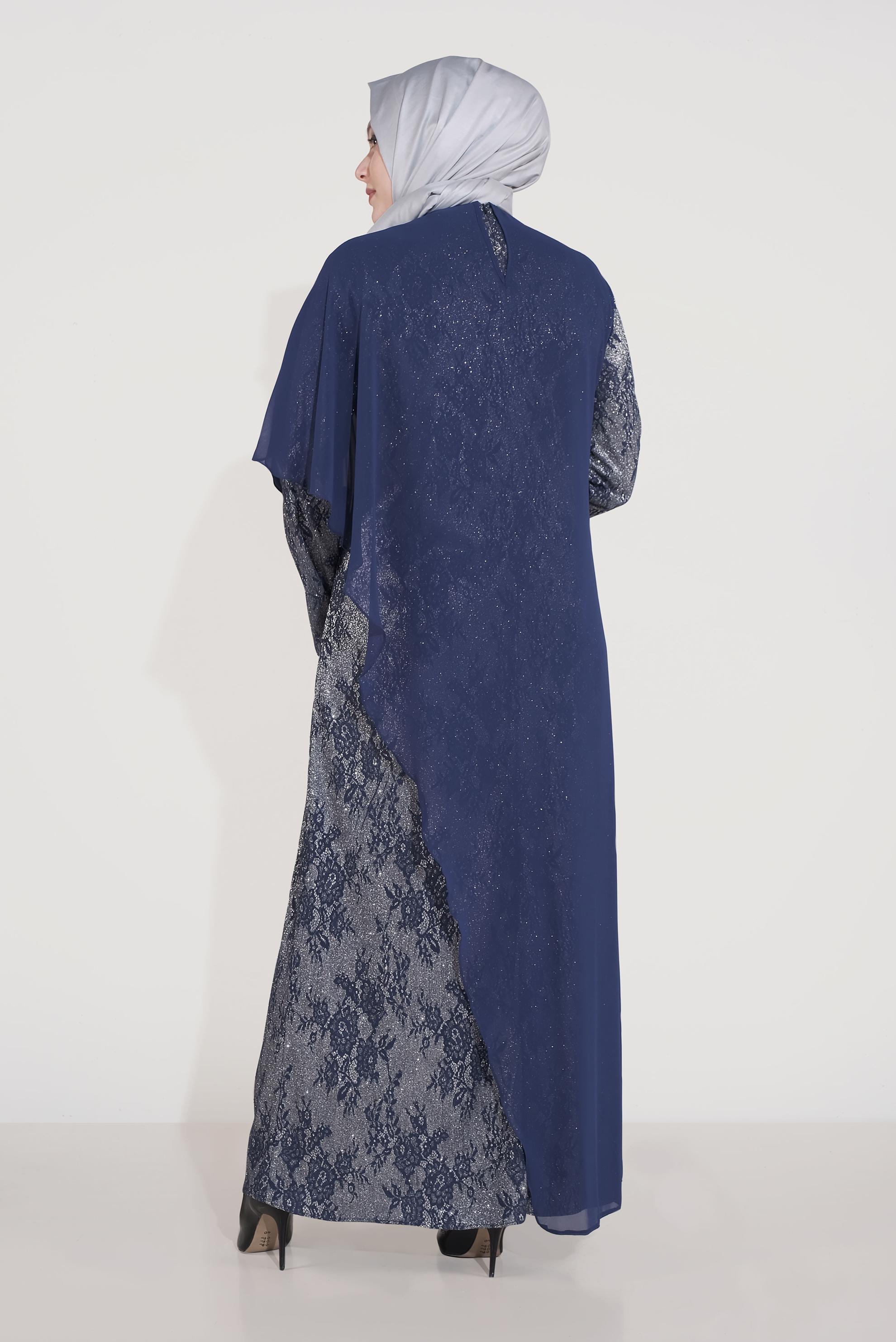 Tesettür giyim LACİVERT SİMLİ DESENLİ ŞİFON ABİYE ELBİSE 50039 