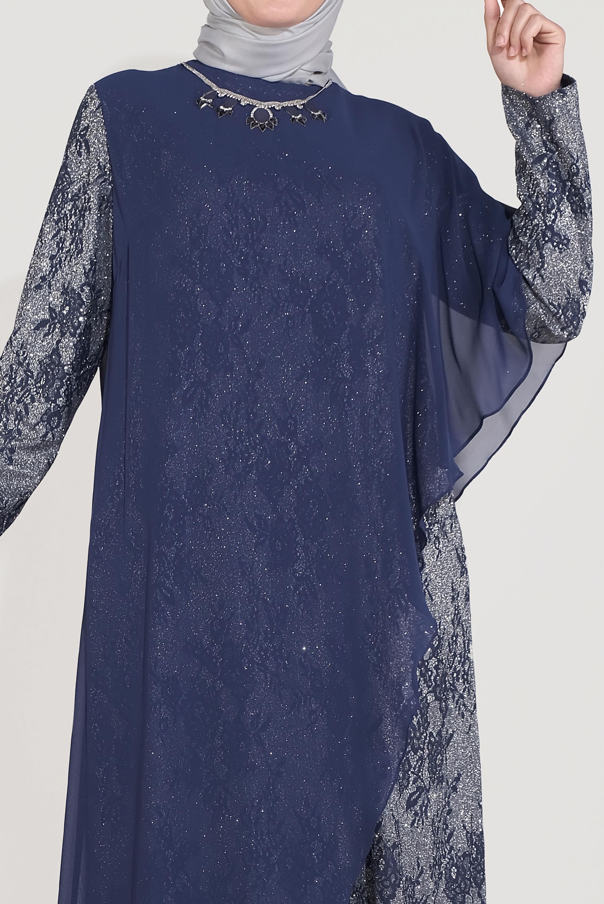 Tesettür giyim LACİVERT SİMLİ DESENLİ ŞİFON ABİYE ELBİSE 50039 