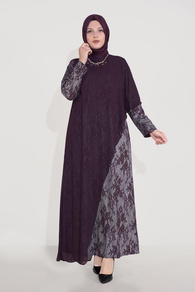 Tesettür giyim MÜRDÜM SİMLİ DESENLİ ŞİFON ABİYE ELBİSE 50039  - ALVİNA