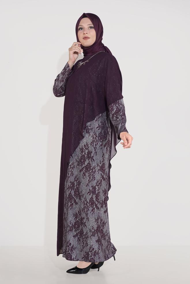Tesettür giyim MÜRDÜM SİMLİ DESENLİ ŞİFON ABİYE ELBİSE 50039  - ALVİNA
