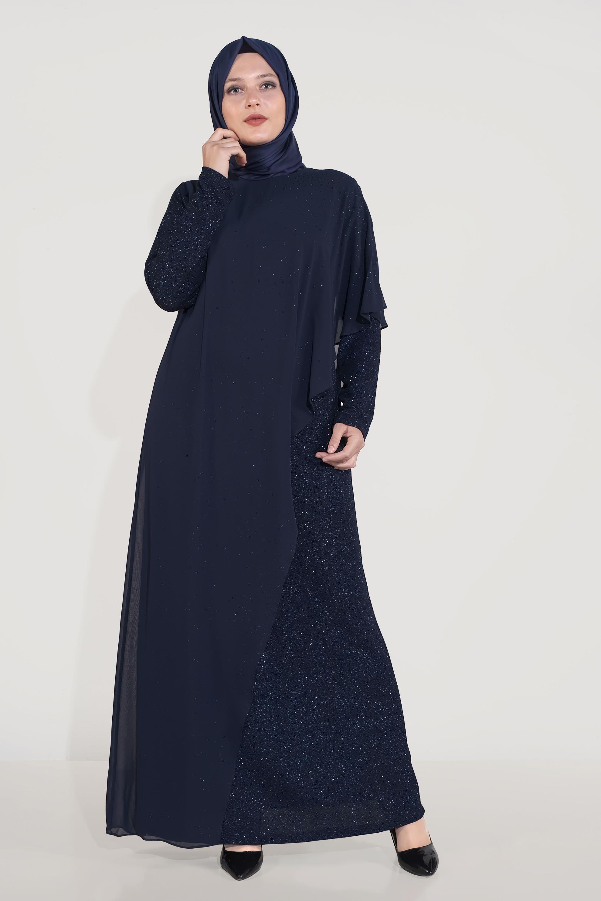 Tesettür giyim LACİVERT ŞİFON SİMLİ ABİYE ELBİSE 50042 