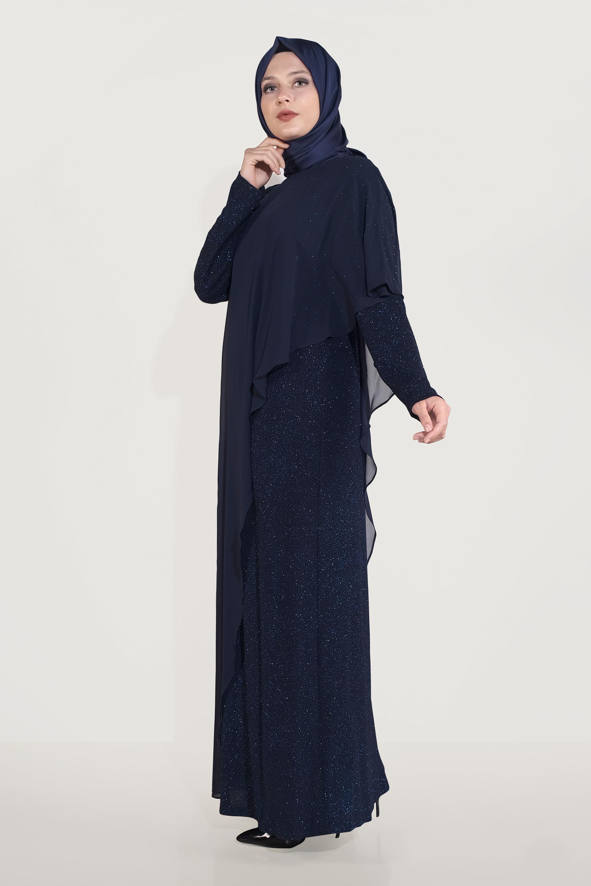 Tesettür giyim LACİVERT ŞİFON SİMLİ ABİYE ELBİSE 50042 