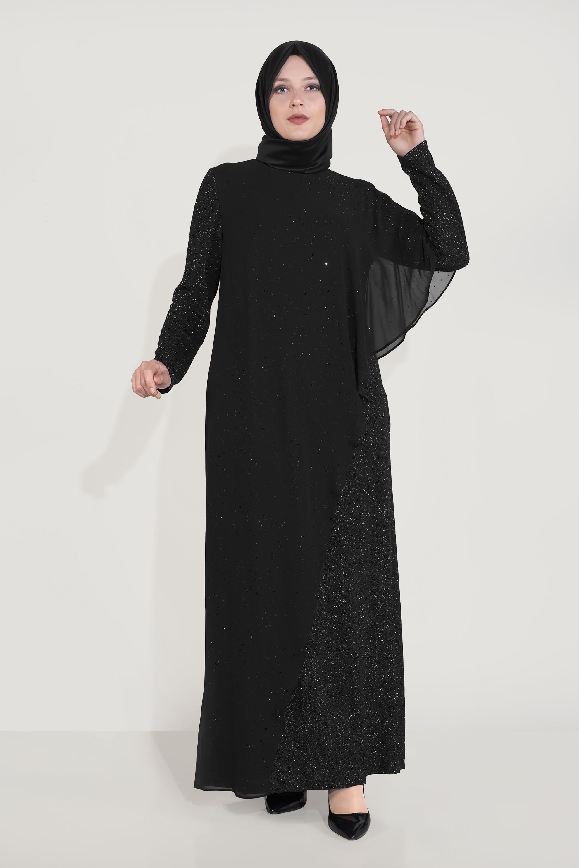 Tesettür giyim SİYAH ŞİFON SİMLİ ABİYE ELBİSE 50042 