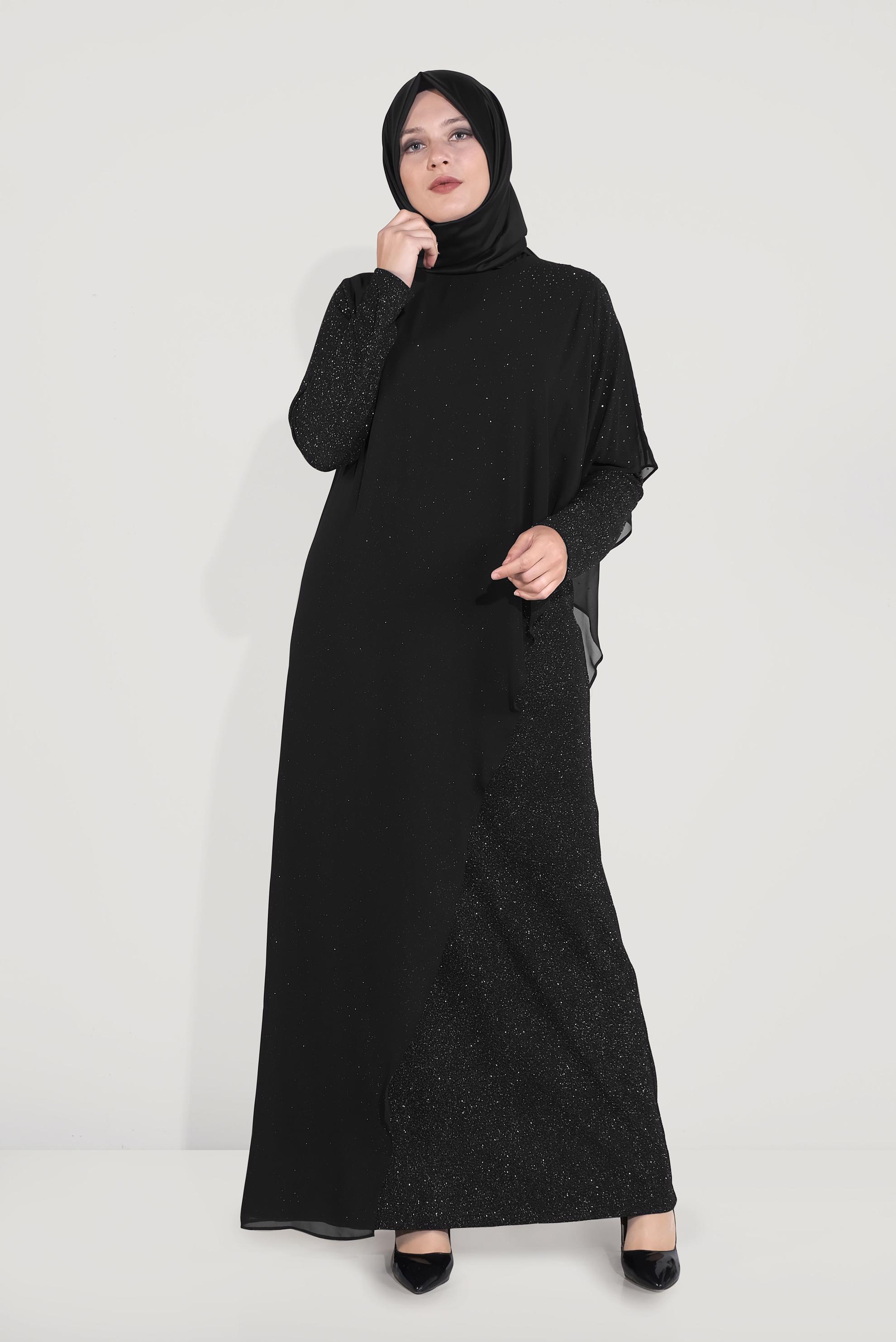 Tesettür giyim SİYAH ŞİFON SİMLİ ABİYE ELBİSE 50042 
