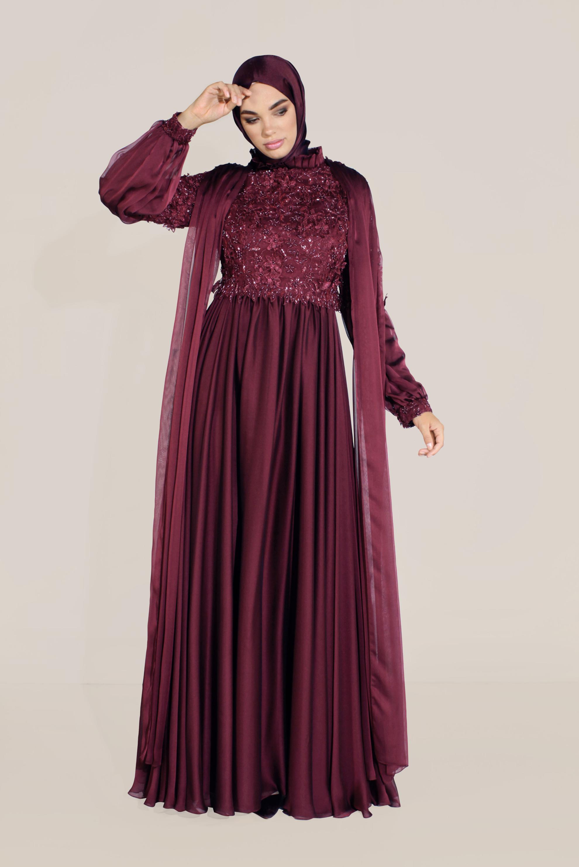 Tesettür giyim BORDO ÇİÇEK İŞLEMELİ FIRFIR YAKA PARLAK KUMAŞ ABİYE 50054