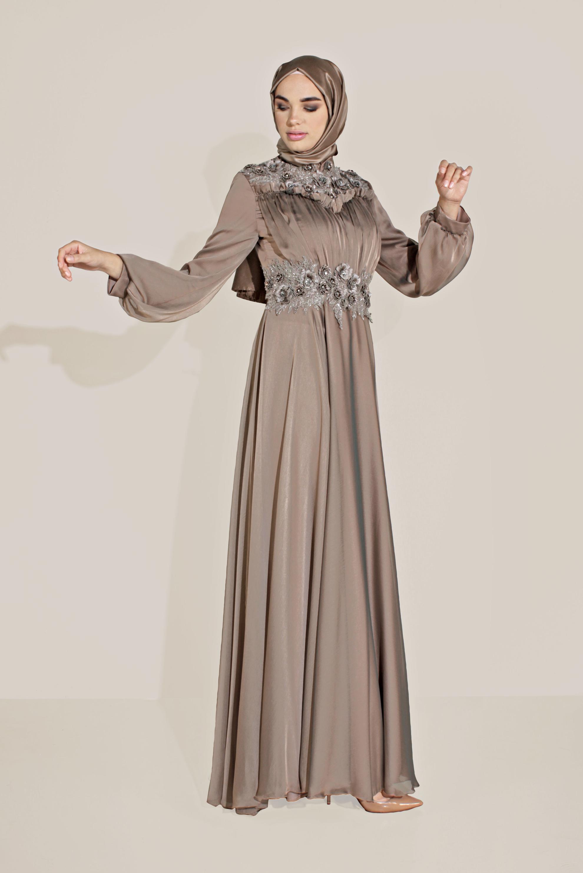 Tesettür giyim PUDRA ÇİÇEK İŞLEMELİ BALON KOL ABİYE 50055